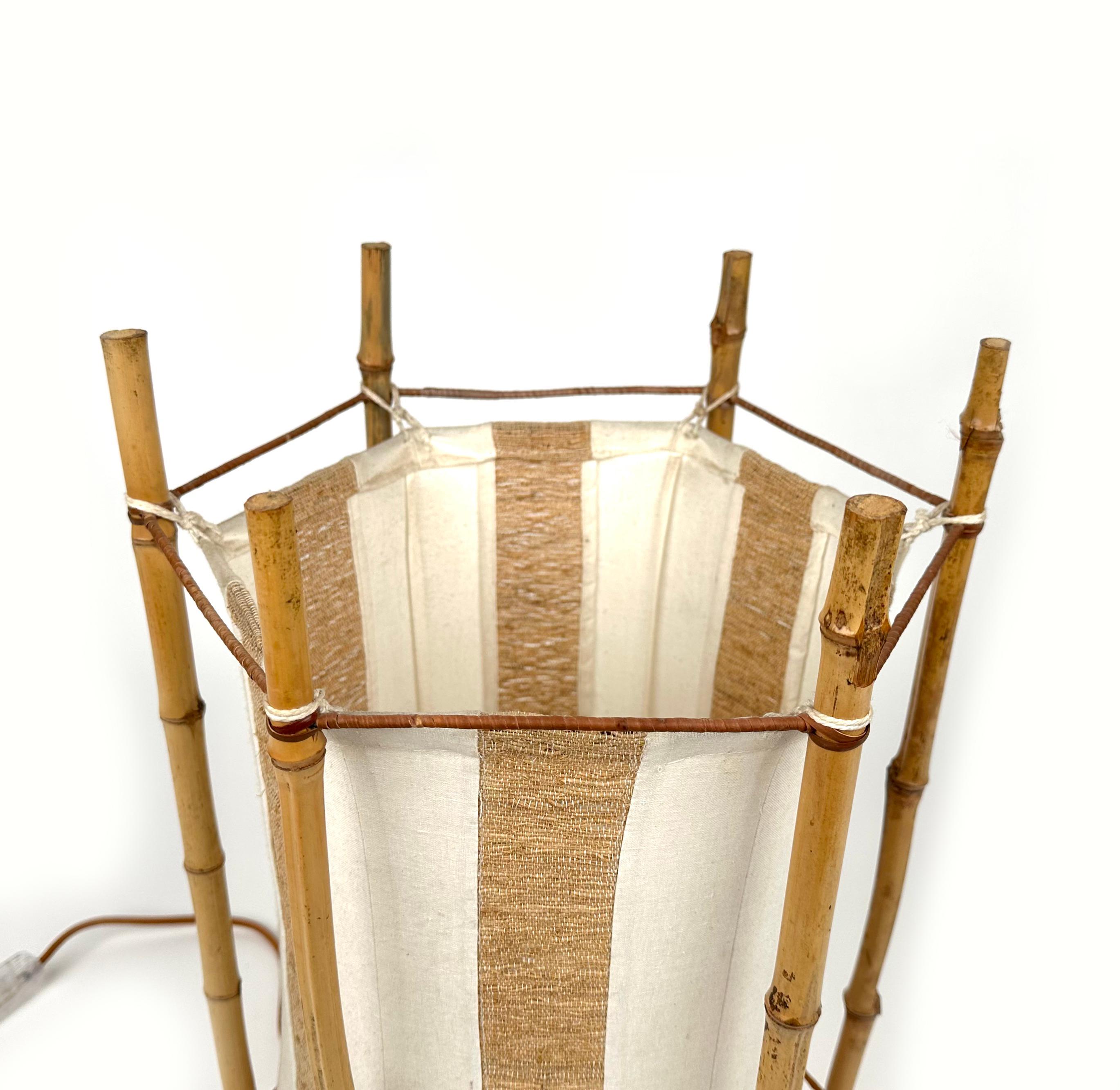 Bamboo, Rattan and Cotton Table or Floor Lamp Louis Sognot style, Italy 1960s For Sale 6