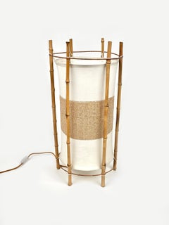 Bamboo, Rattan and Cotton Table or Floor Lamp Louis Sognot Style, Italy, 1960s
