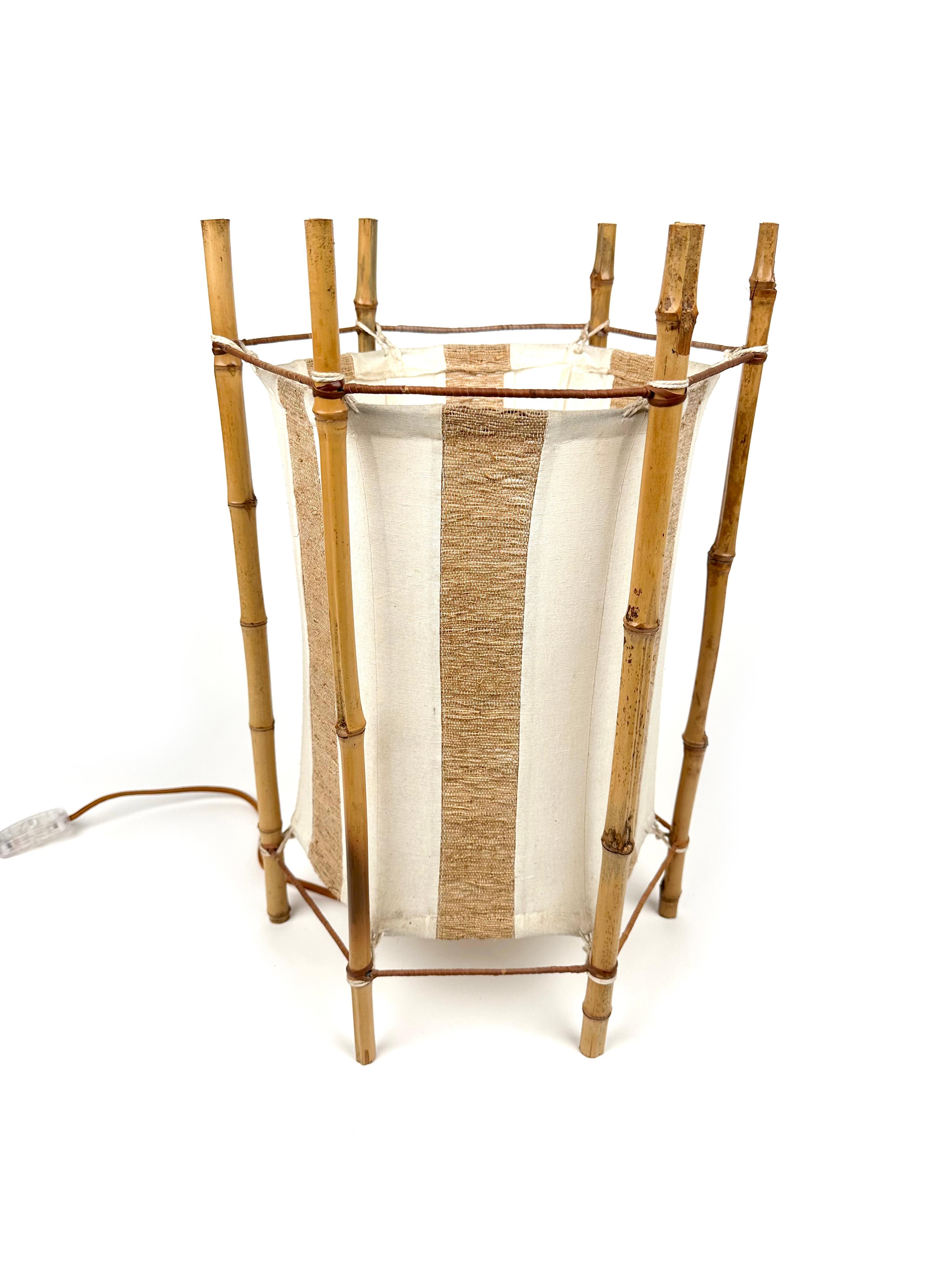 Mid-Century Modern Bamboo, Rattan and Cotton Table or Floor Lamp Louis Sognot style, Italy 1960s For Sale