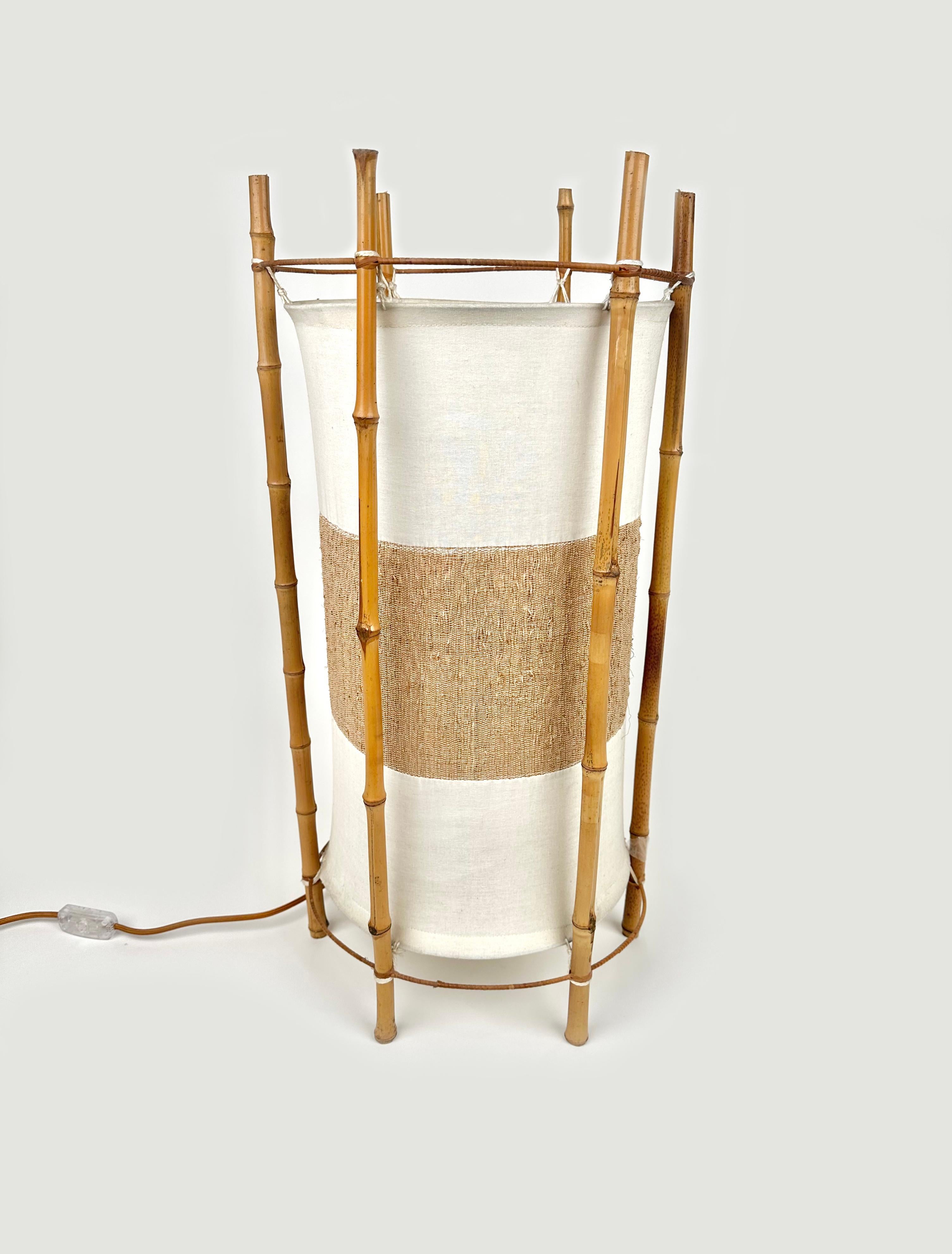 Mid-Century Modern Bamboo, Rattan and Cotton Table or Floor Lamp Louis Sognot Style, Italy, 1960s For Sale