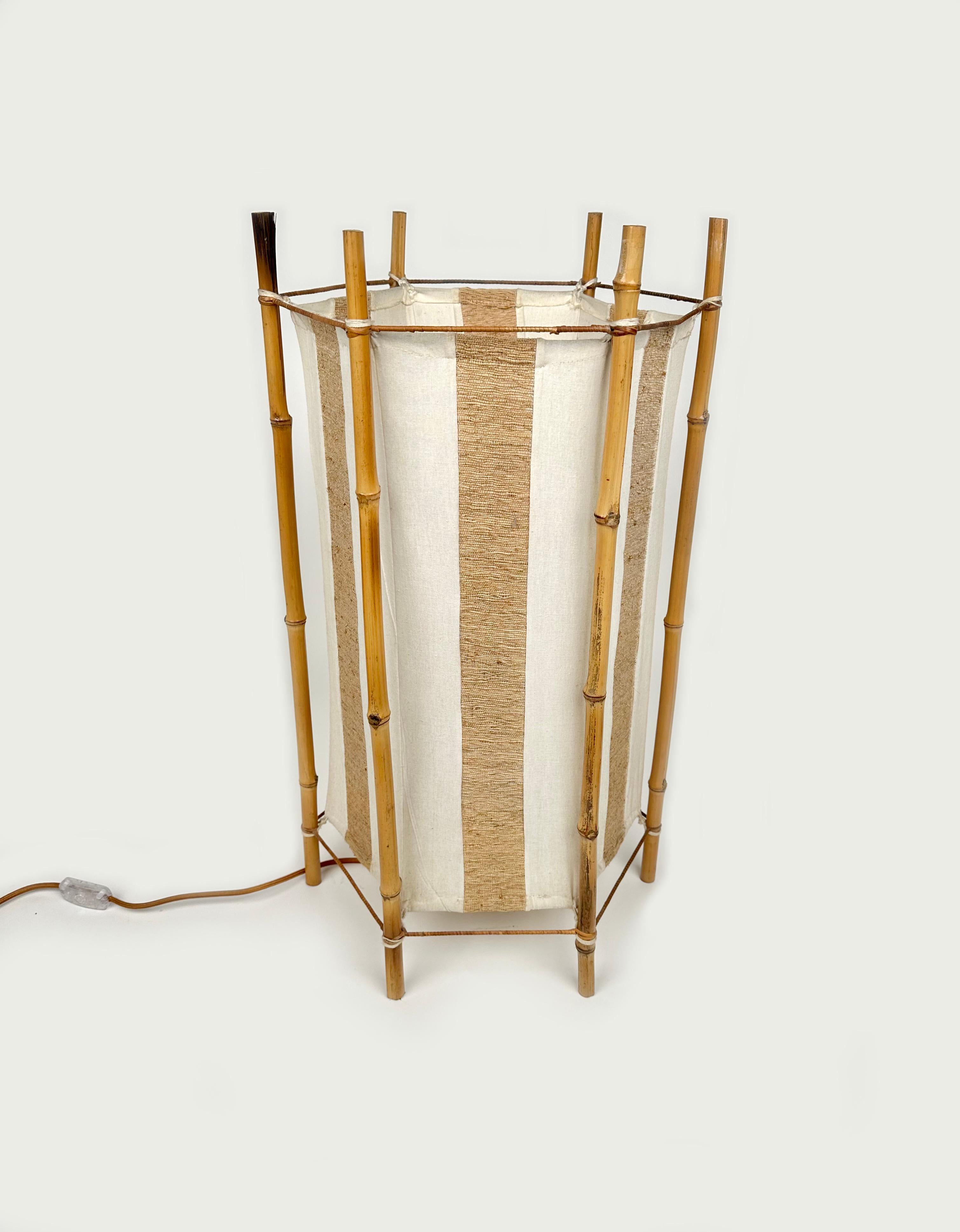 Mid-Century Modern Bamboo, Rattan and Cotton Table or Floor Lamp Louis Sognot Style, Italy 1960s For Sale
