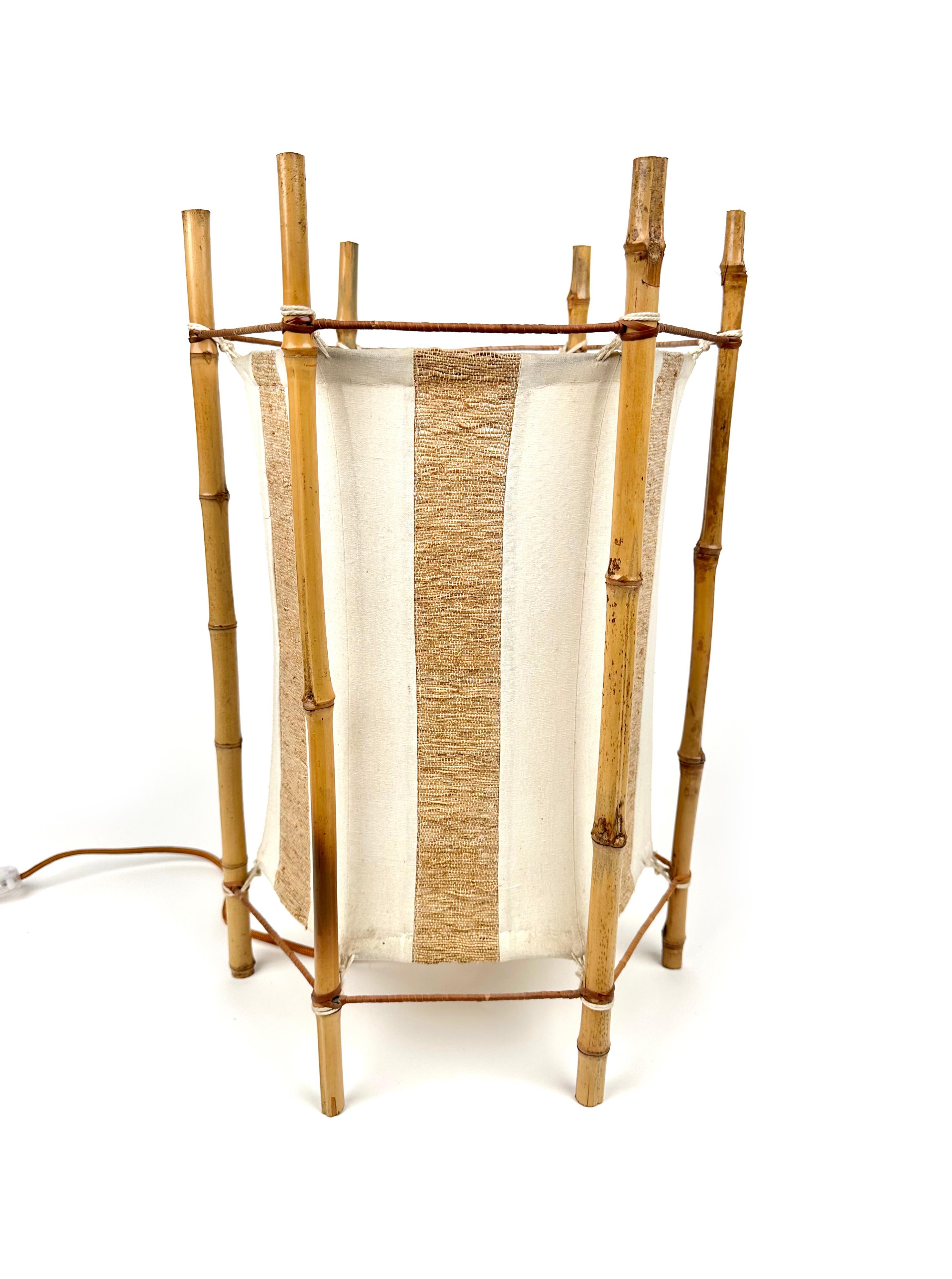 Italian Bamboo, Rattan and Cotton Table or Floor Lamp Louis Sognot style, Italy 1960s For Sale