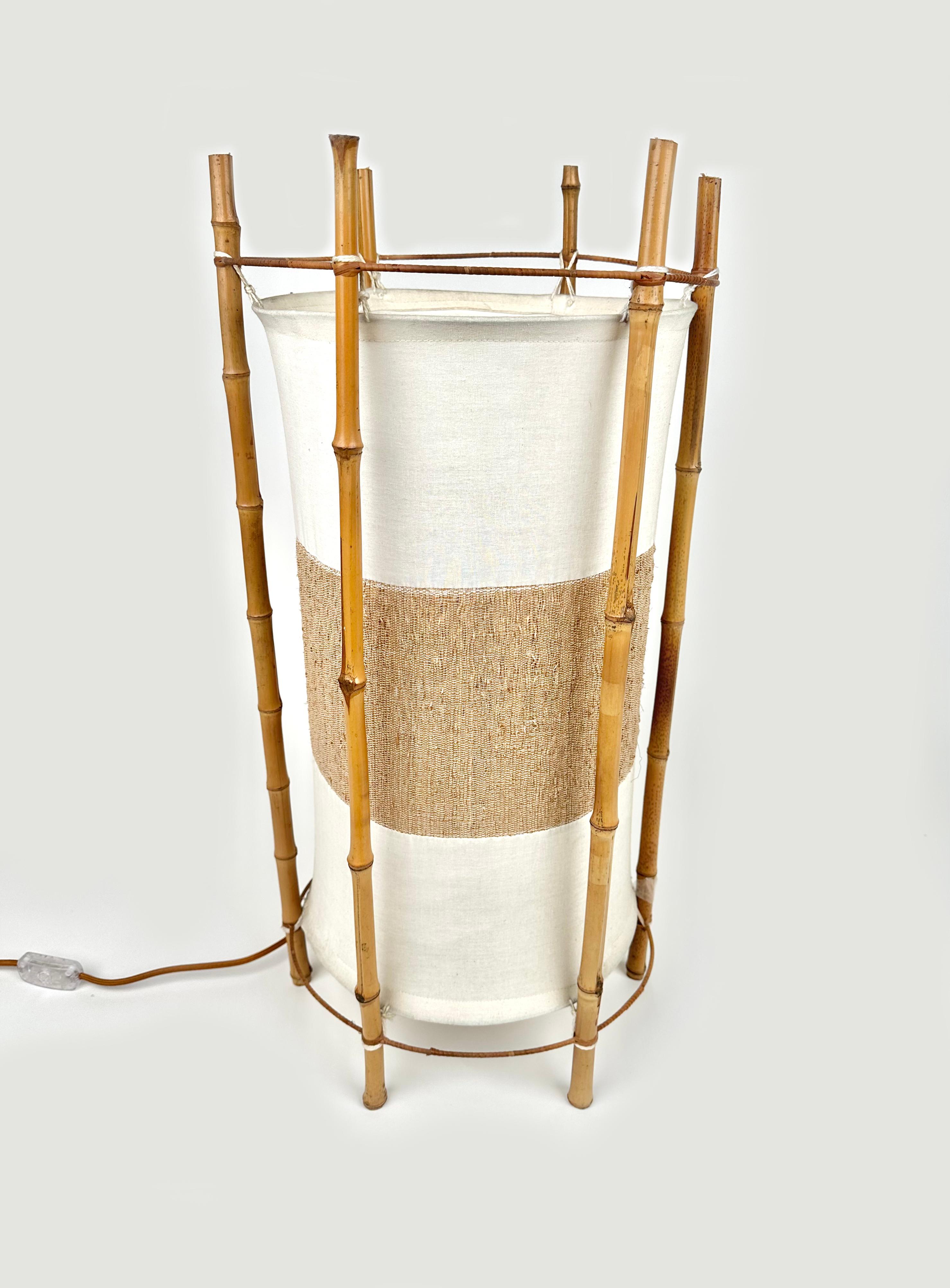 Italian Bamboo, Rattan and Cotton Table or Floor Lamp Louis Sognot Style, Italy, 1960s For Sale