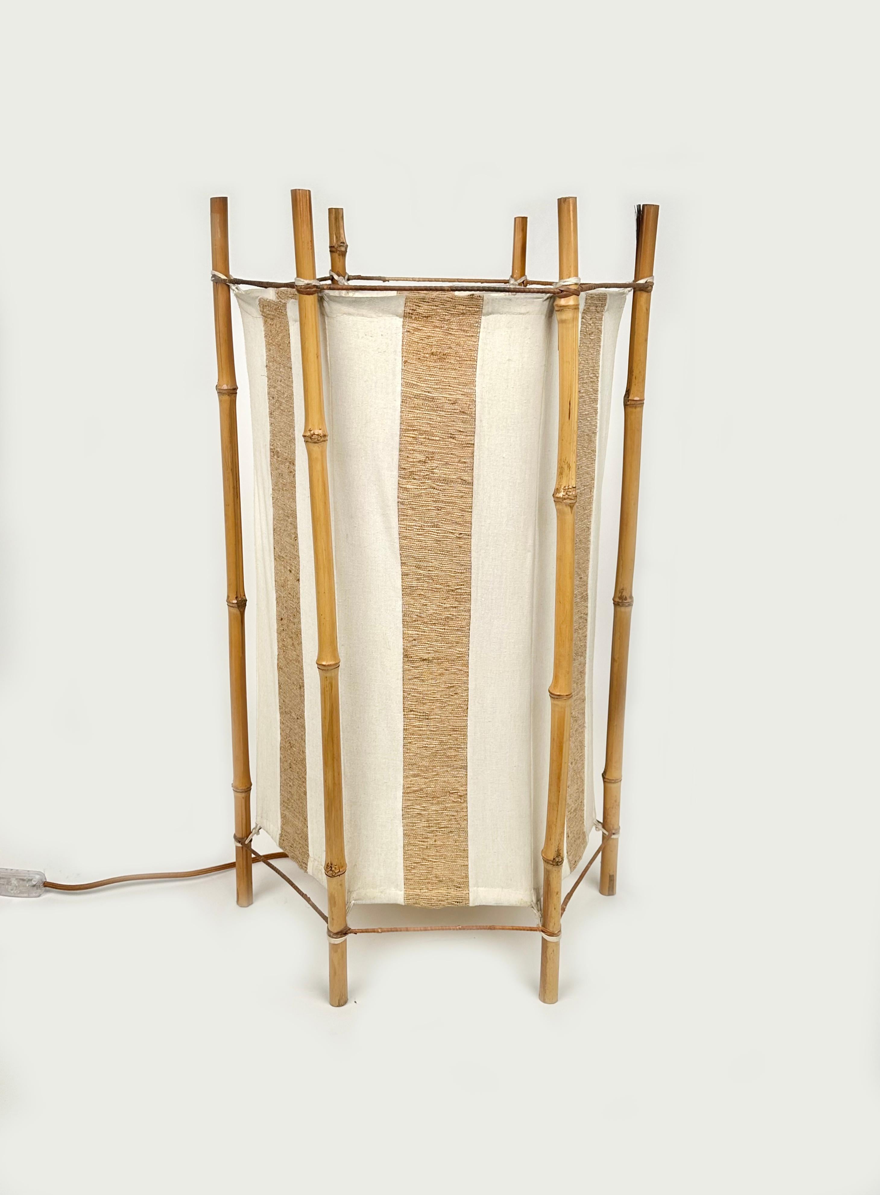 Italian Bamboo, Rattan and Cotton Table or Floor Lamp Louis Sognot Style, Italy 1960s For Sale