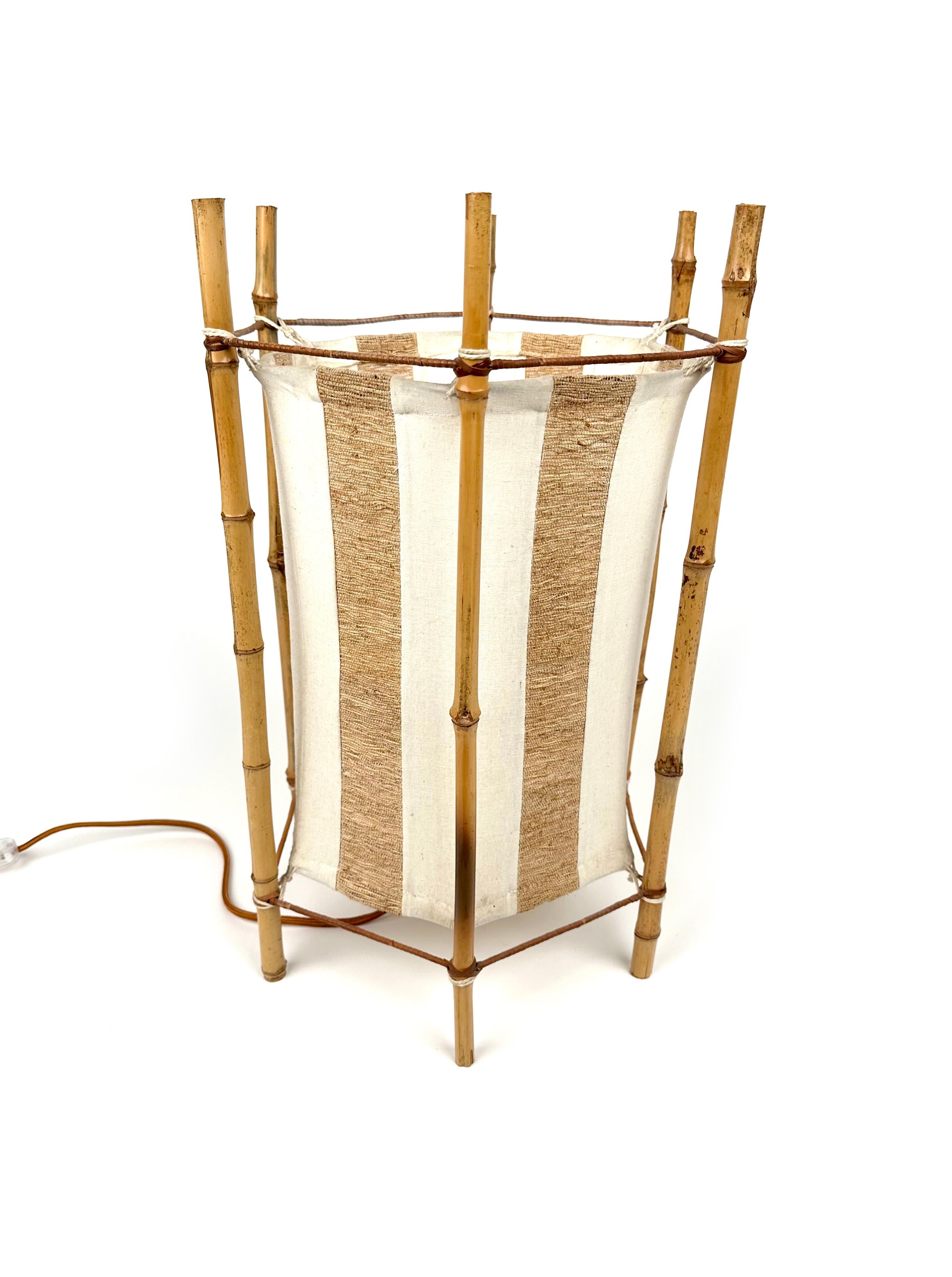 Bamboo, Rattan and Cotton Table or Floor Lamp Louis Sognot style, Italy 1960s In Good Condition For Sale In Rome, IT