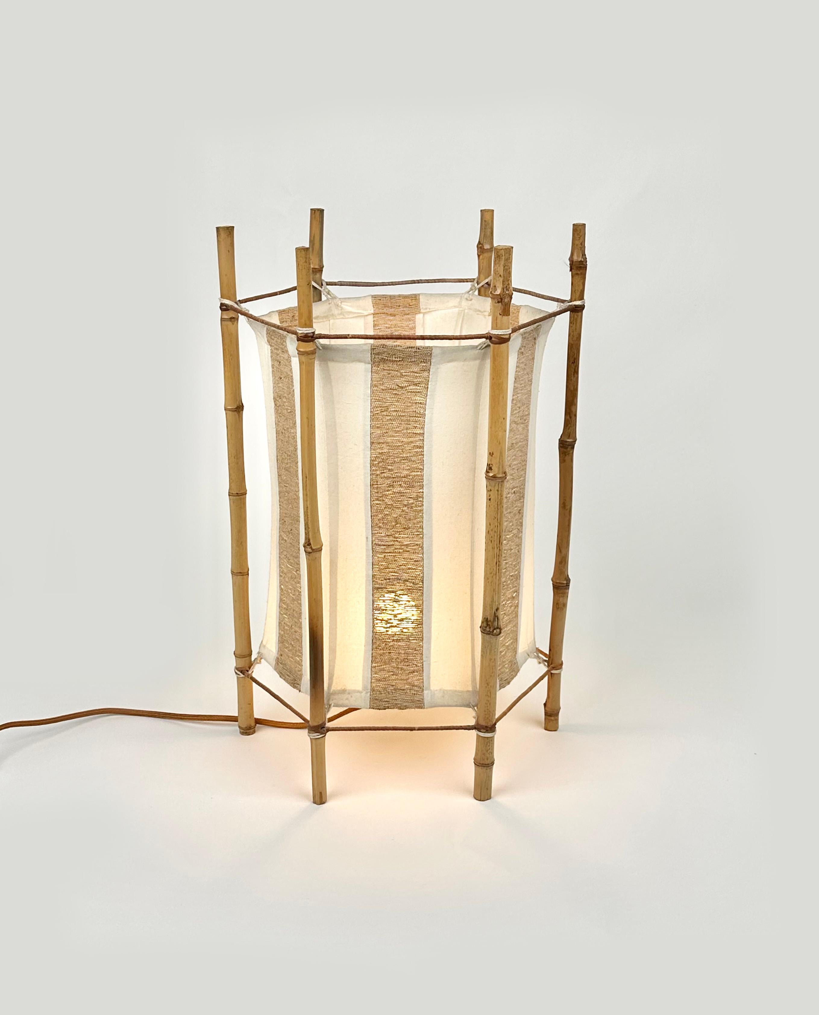 Mid-20th Century Bamboo, Rattan and Cotton Table or Floor Lamp Louis Sognot style, Italy 1960s For Sale