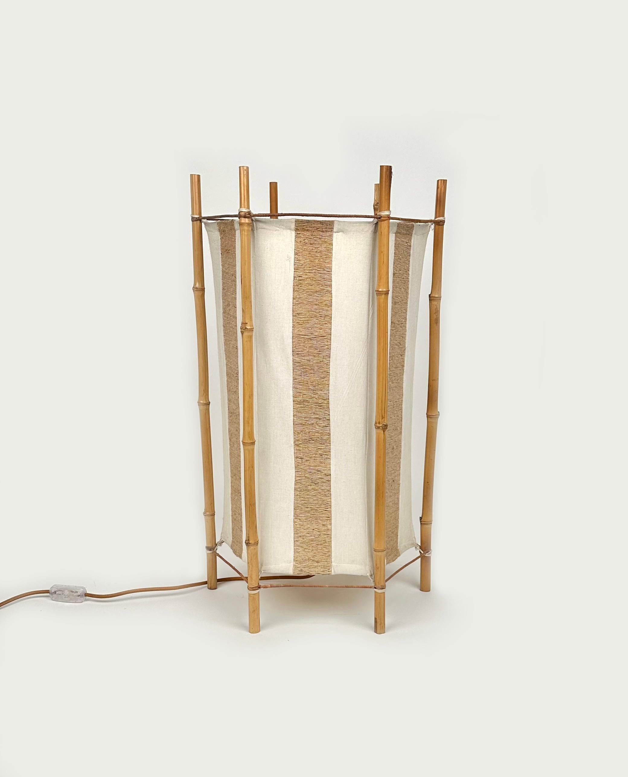 Mid-20th Century Bamboo, Rattan and Cotton Table or Floor Lamp Louis Sognot Style, Italy 1960s For Sale