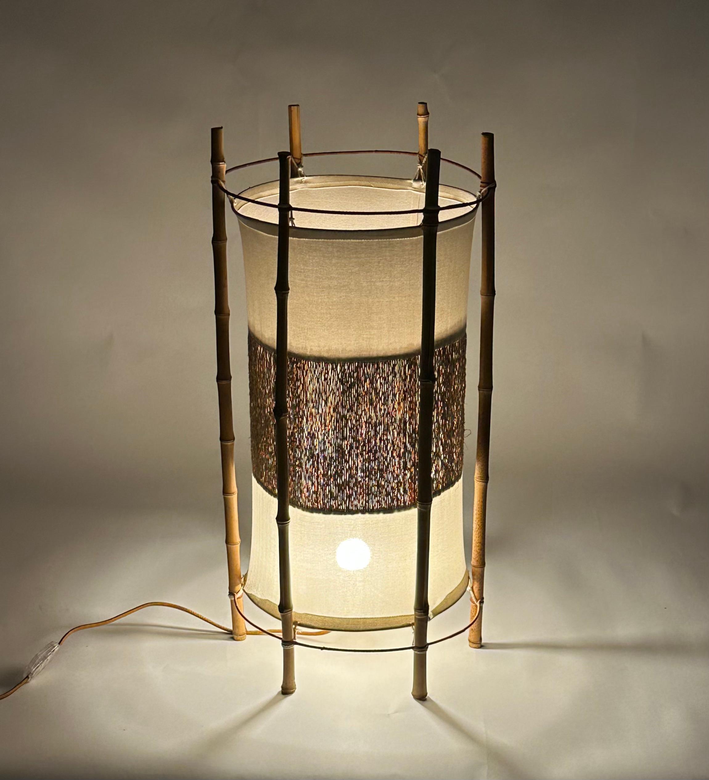 Metal Bamboo, Rattan and Cotton Table or Floor Lamp Louis Sognot Style, Italy, 1960s For Sale