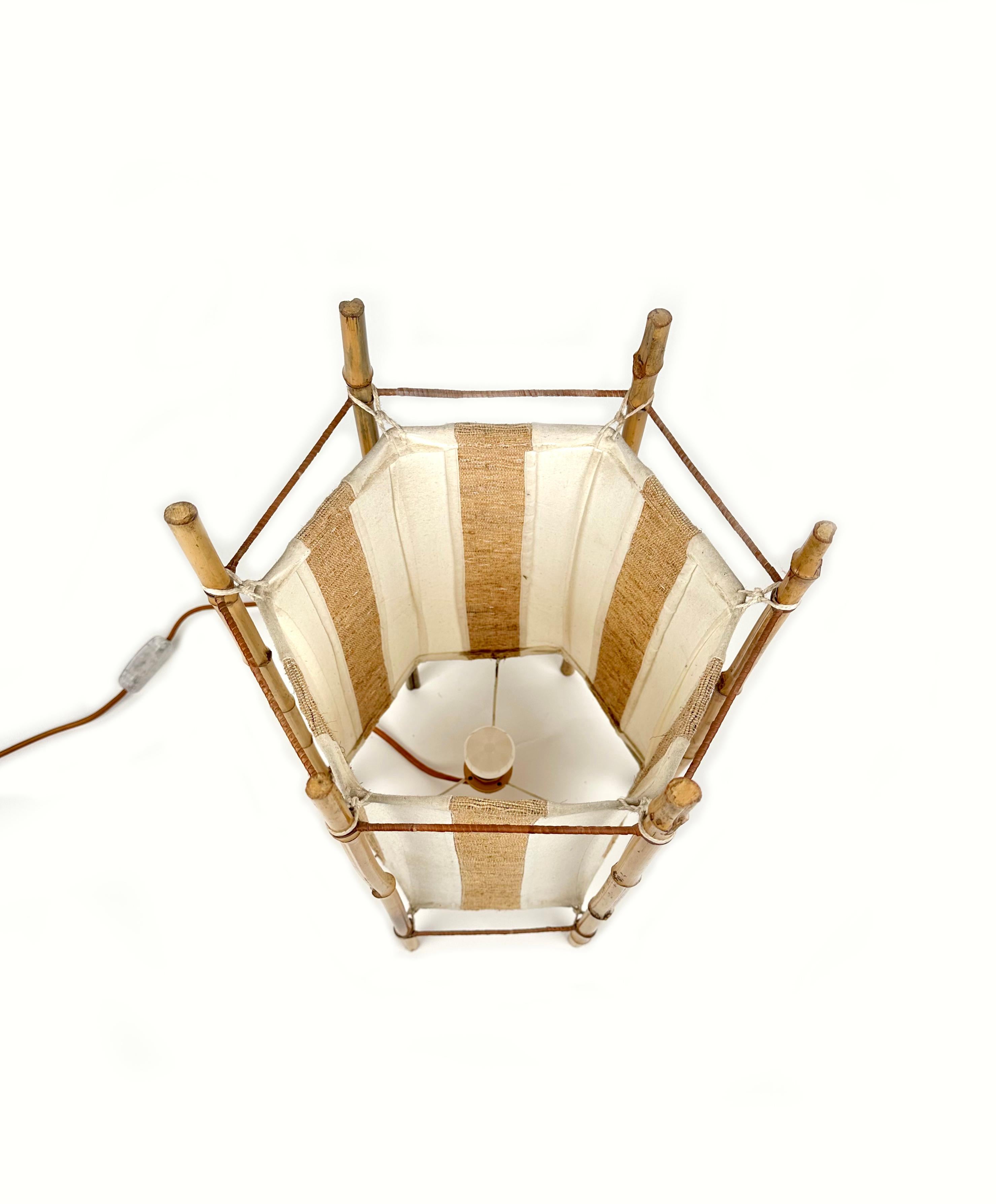 Bamboo, Rattan and Cotton Table or Floor Lamp Louis Sognot style, Italy 1960s For Sale 1