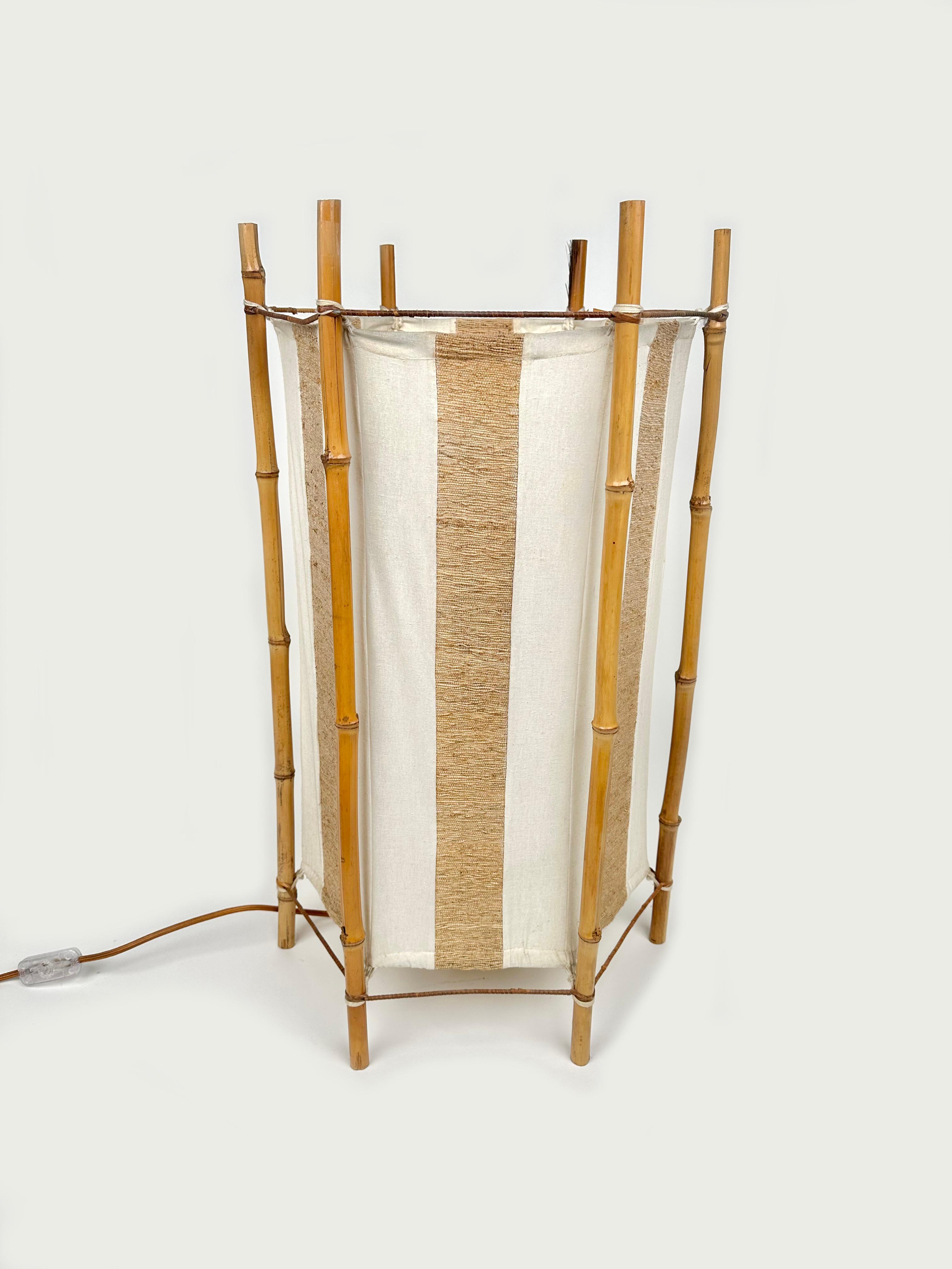 Bamboo, Rattan and Cotton Table or Floor Lamp Louis Sognot Style, Italy 1960s For Sale 1