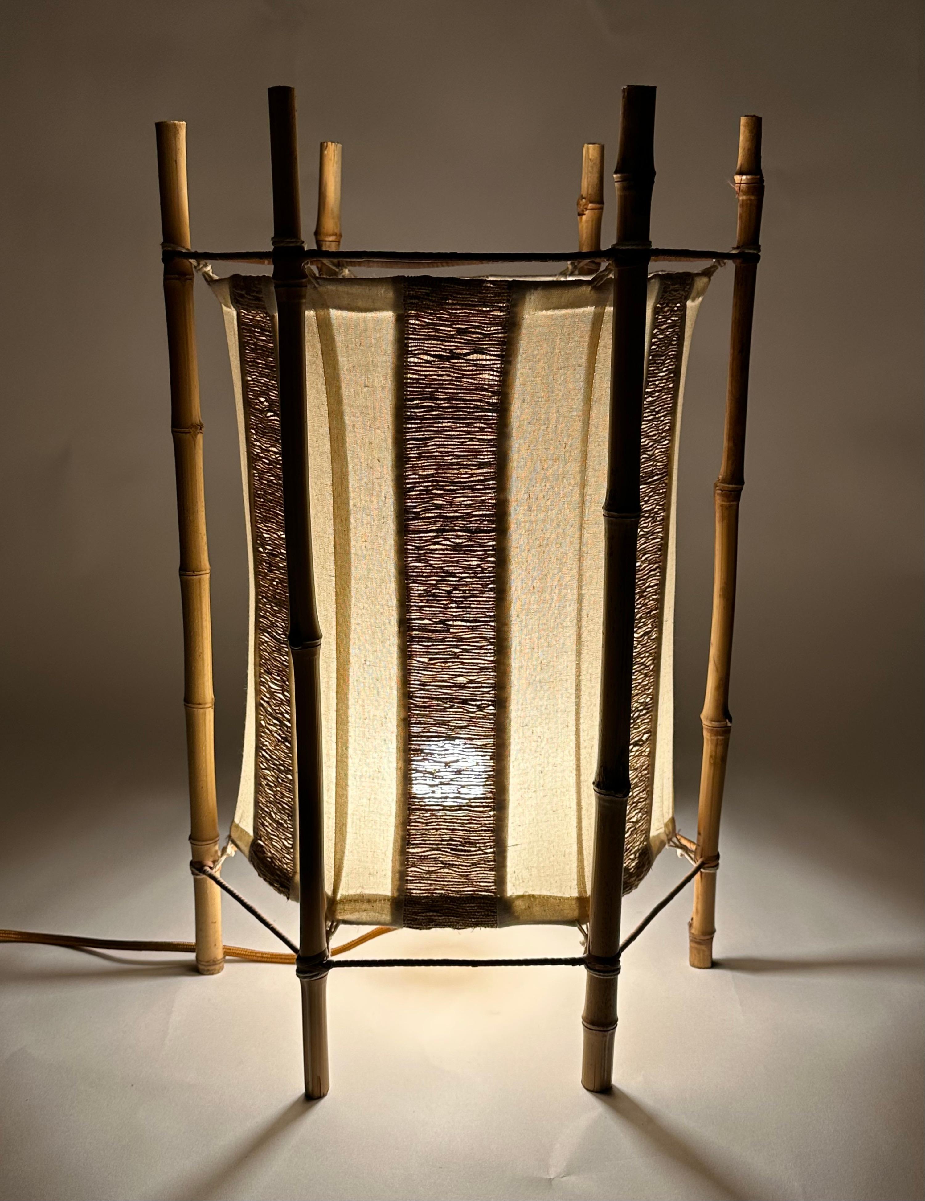 Bamboo, Rattan and Cotton Table or Floor Lamp Louis Sognot style, Italy 1960s For Sale 2