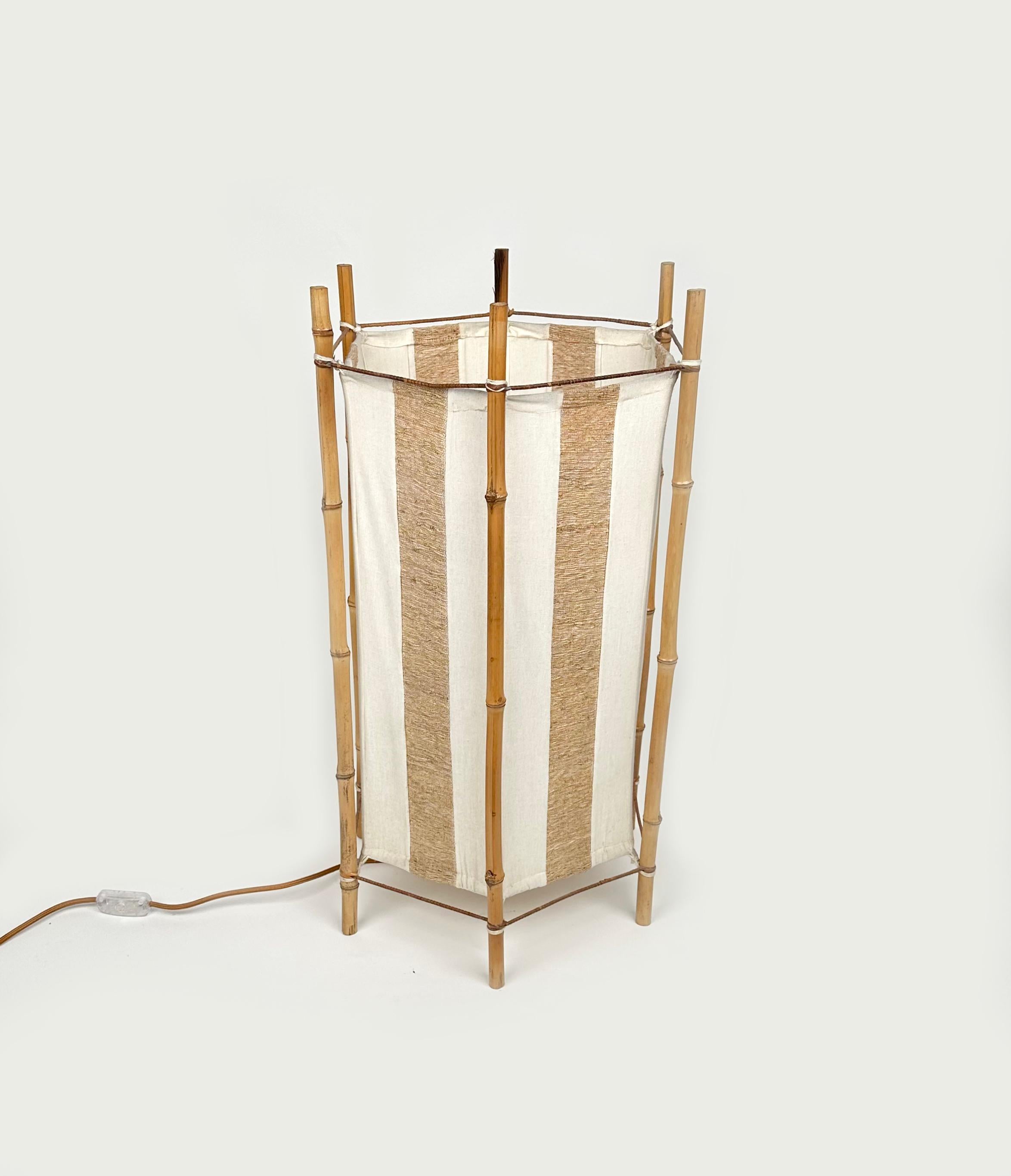 Bamboo, Rattan and Cotton Table or Floor Lamp Louis Sognot Style, Italy 1960s For Sale 2