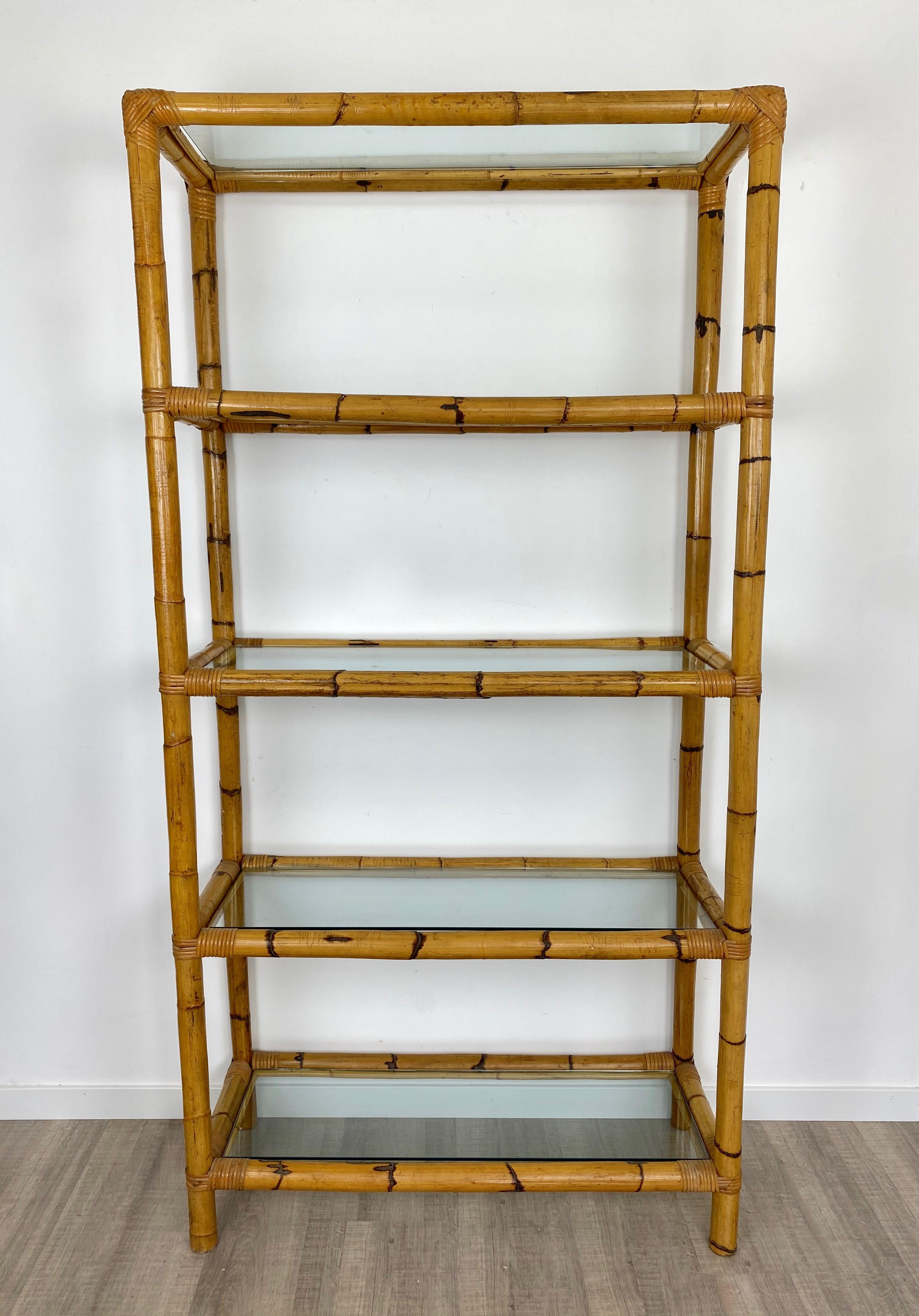 vintage rattan etagere with glass shelves