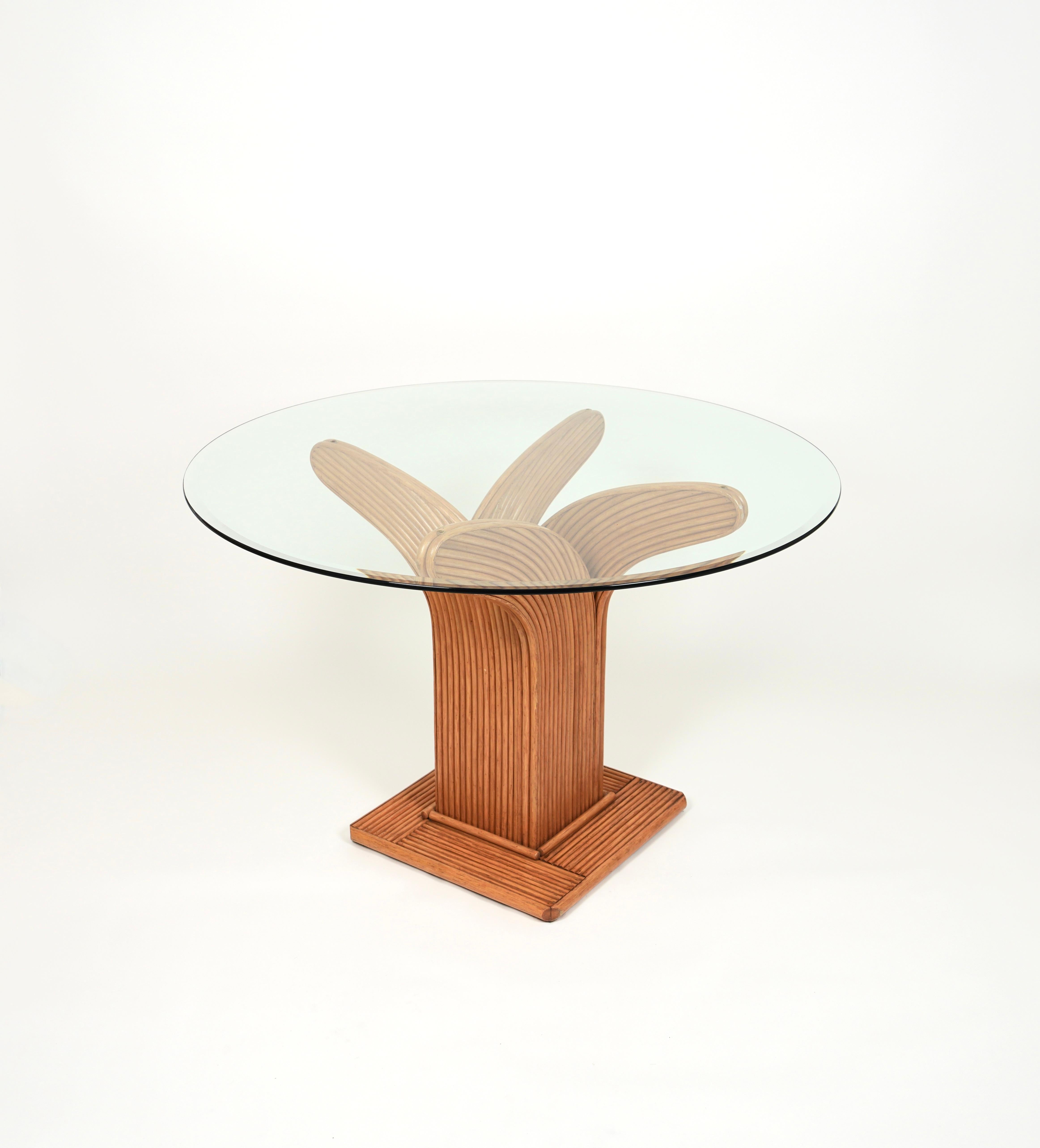 Bamboo Rattan and Glass Round Dinning Room Table by Vivai Del Sud, Italy, 1970s For Sale 5