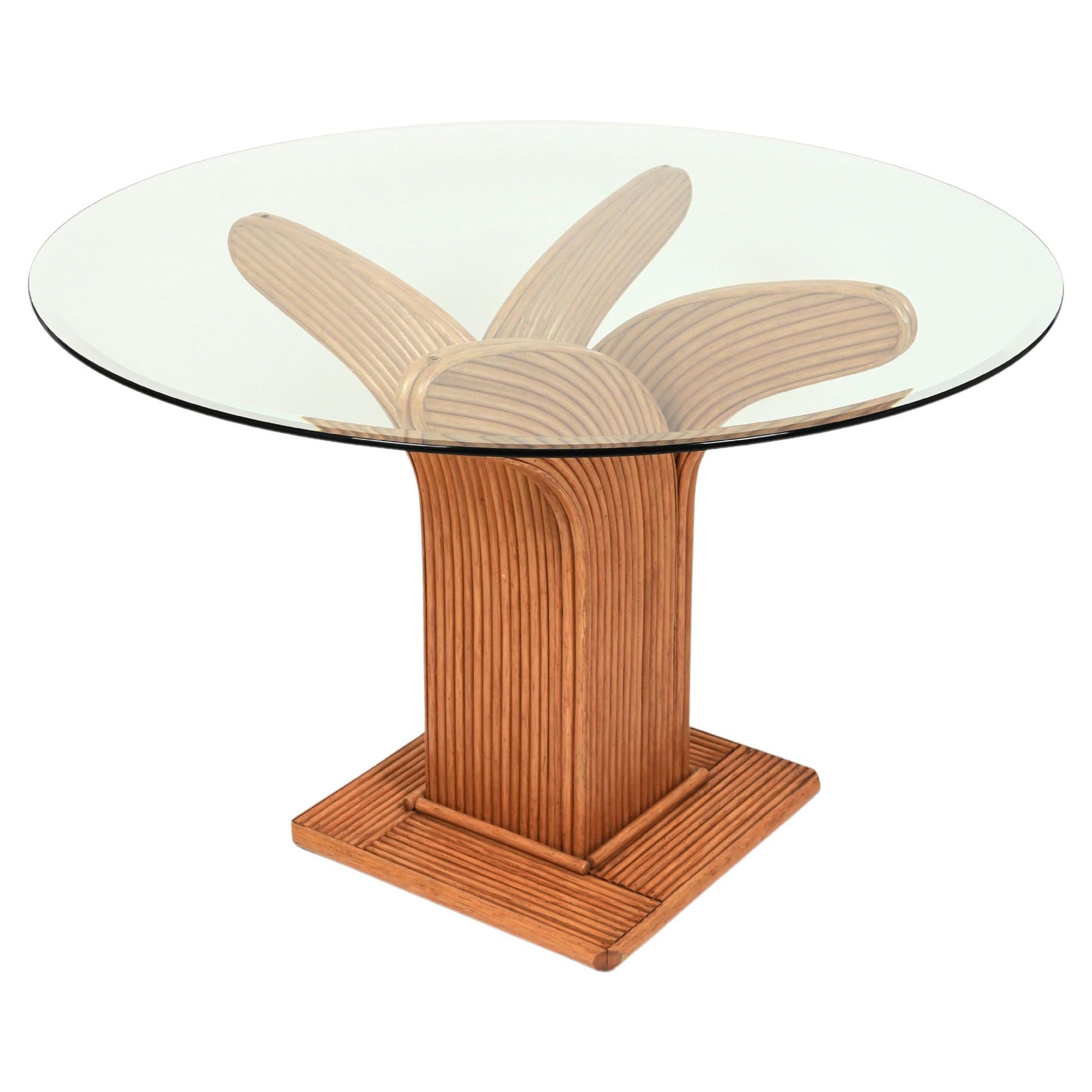 Bamboo Rattan and Glass Round Dinning Room Table by Vivai Del Sud, Italy, 1970s For Sale