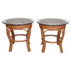 Bamboo, Rattan and Glass Side Tables, a Pair