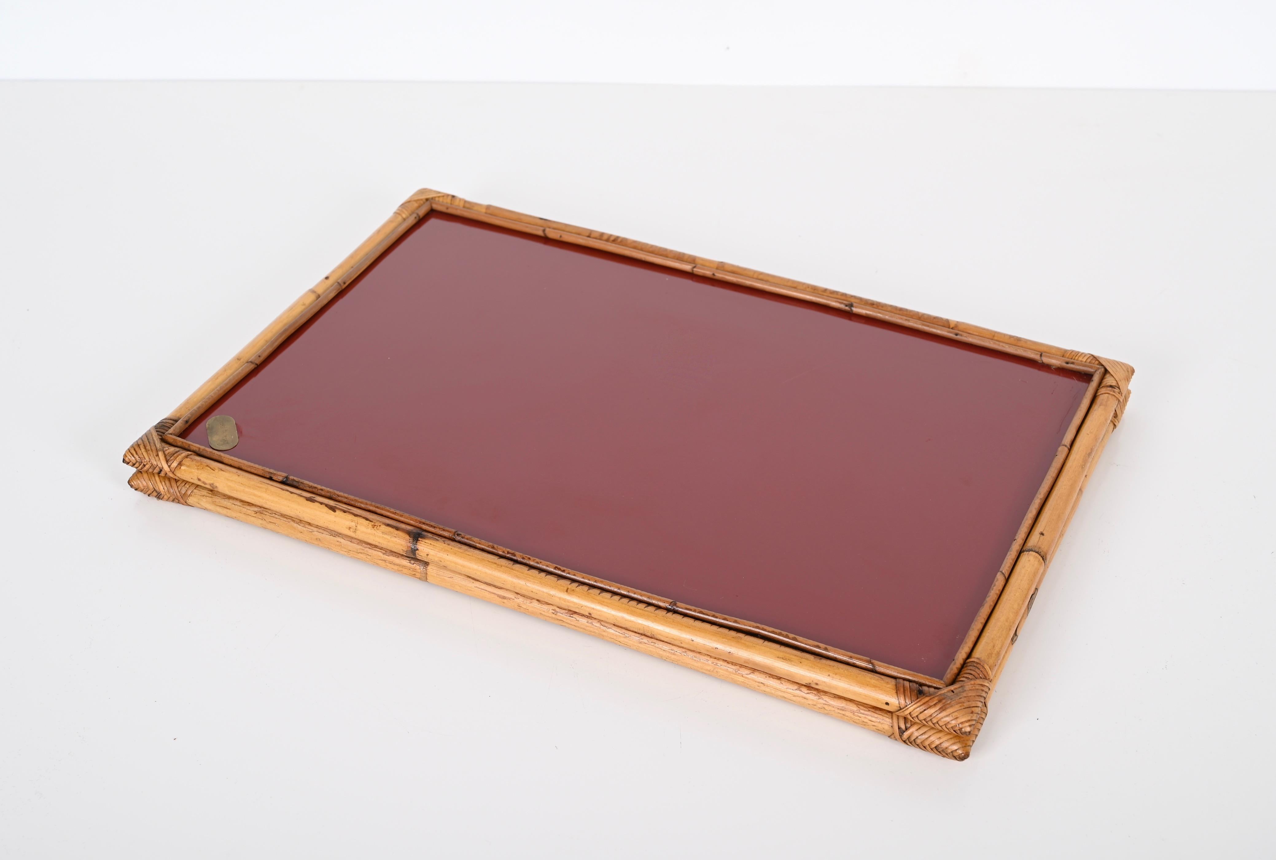 Bamboo, Rattan and Red Bakelite Serving Tray by Cesare de Cesare, Italy 1970s 6