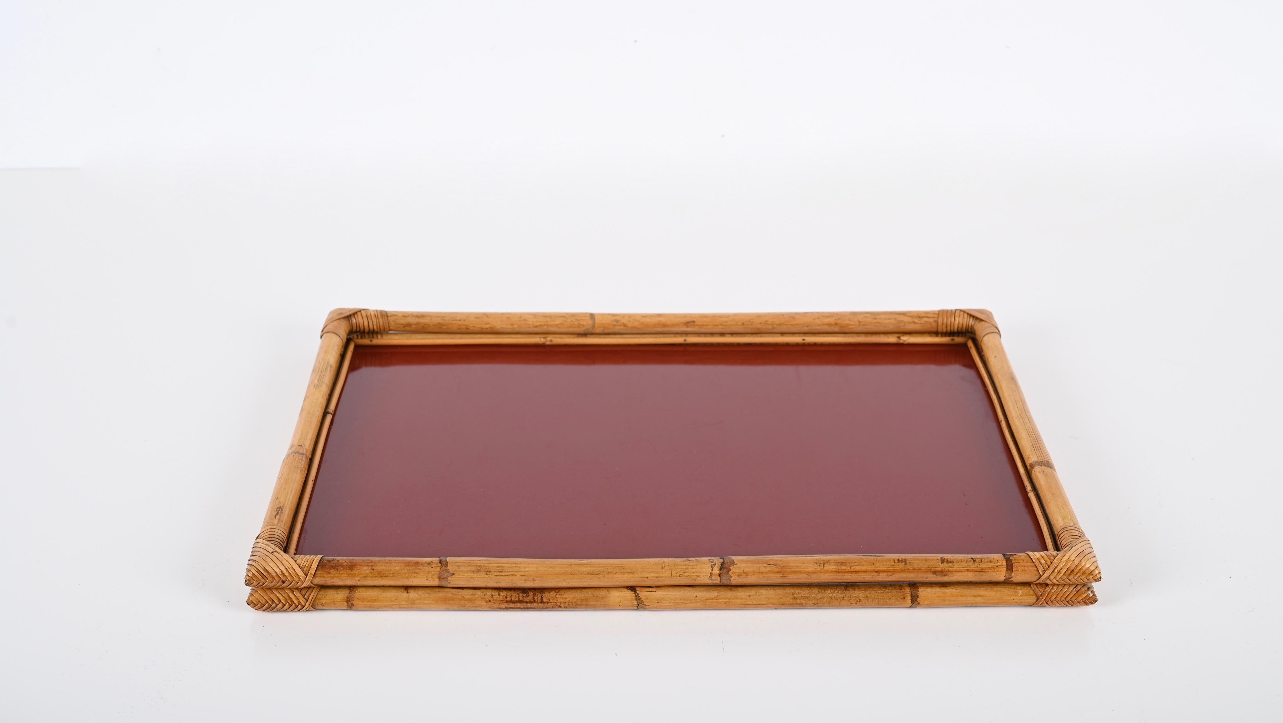 Hand-Woven Bamboo, Rattan and Red Bakelite Serving Tray by Cesare de Cesare, Italy 1970s