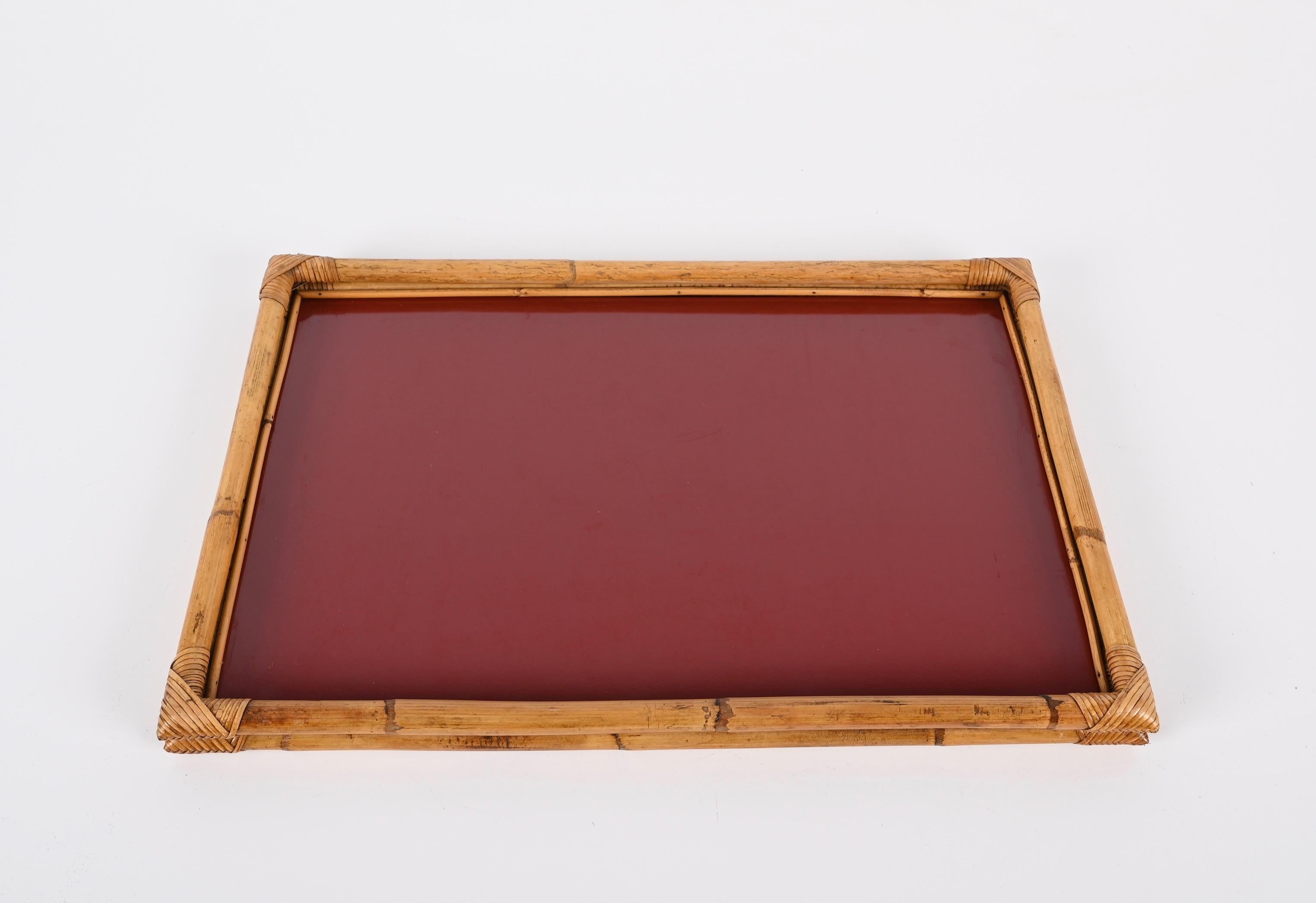 Bamboo, Rattan and Red Bakelite Serving Tray by Cesare de Cesare, Italy 1970s In Good Condition In Roma, IT