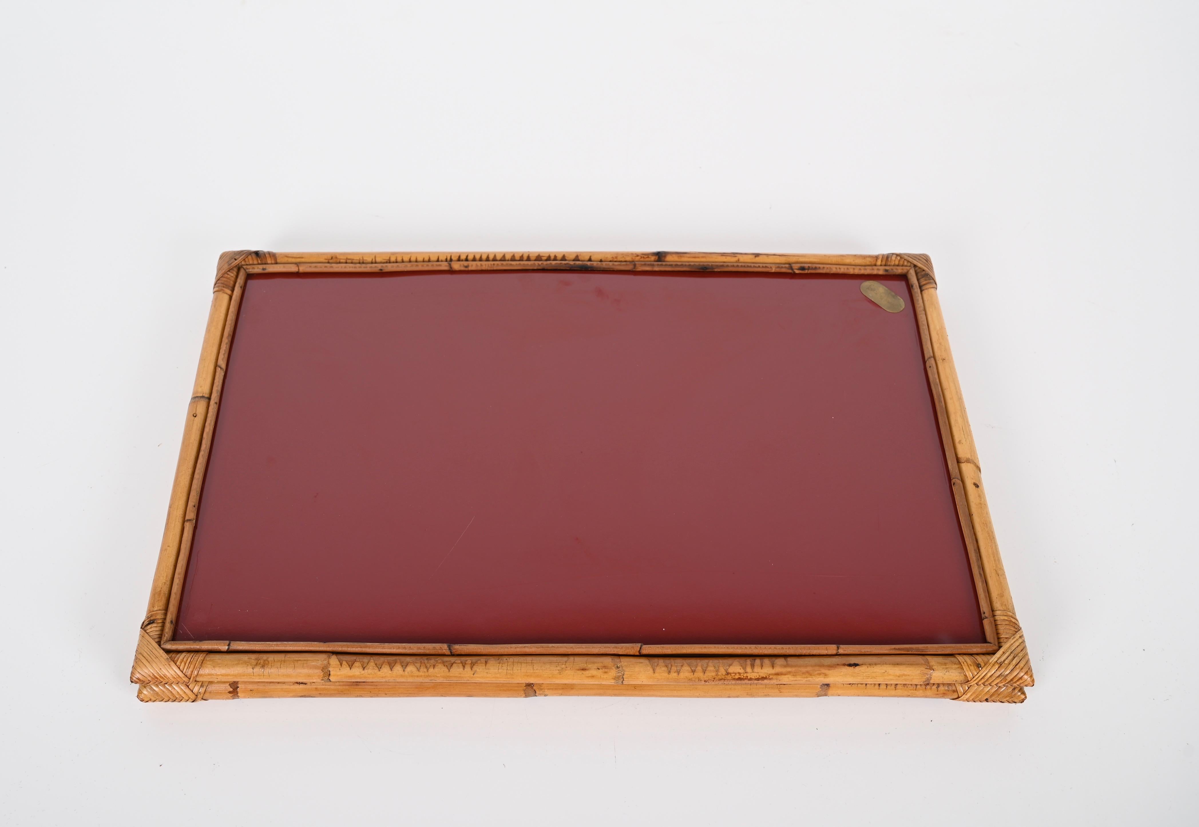 Bamboo, Rattan and Red Bakelite Serving Tray by Cesare de Cesare, Italy 1970s 1