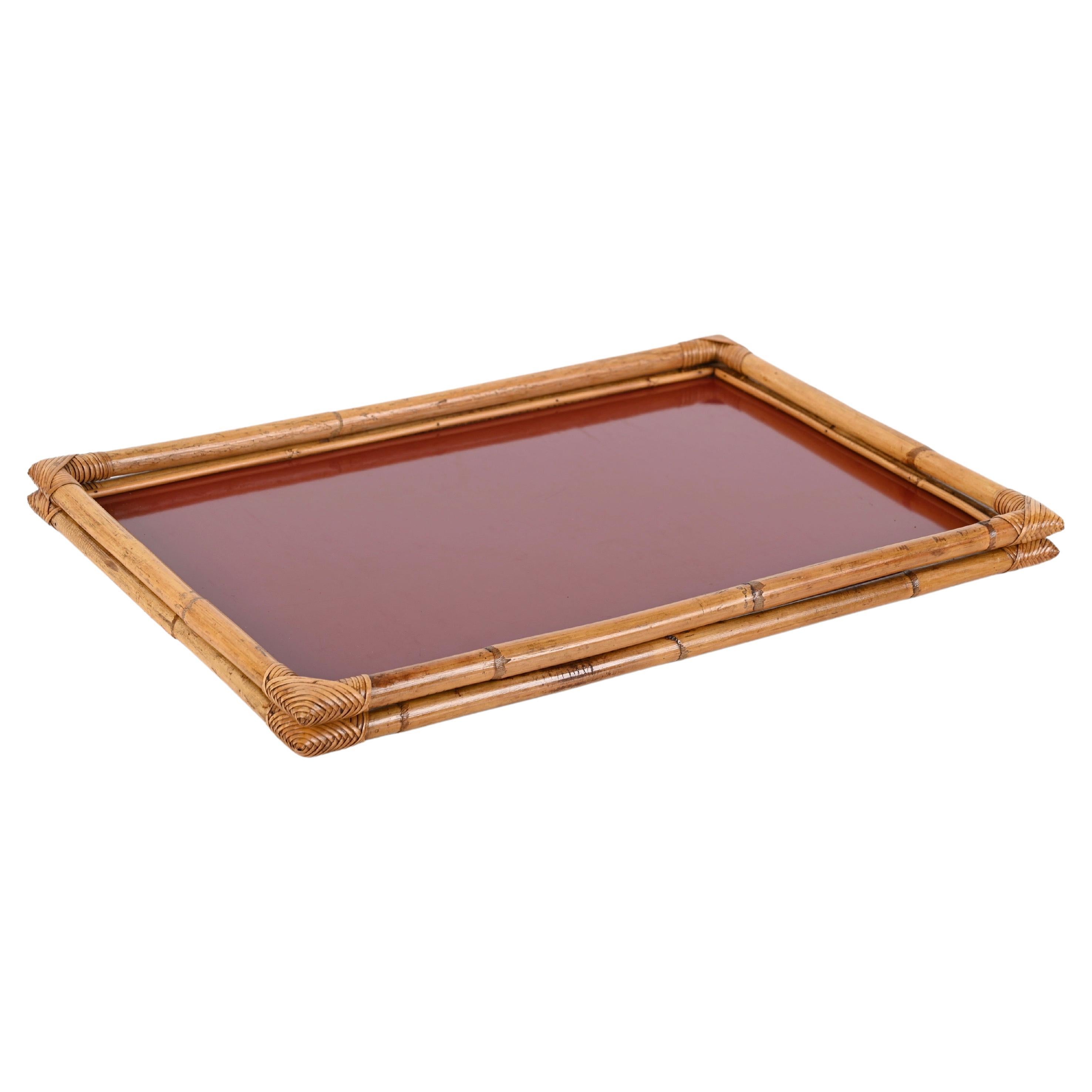 Bamboo, Rattan and Red Bakelite Serving Tray by Cesare de Cesare, Italy 1970s
