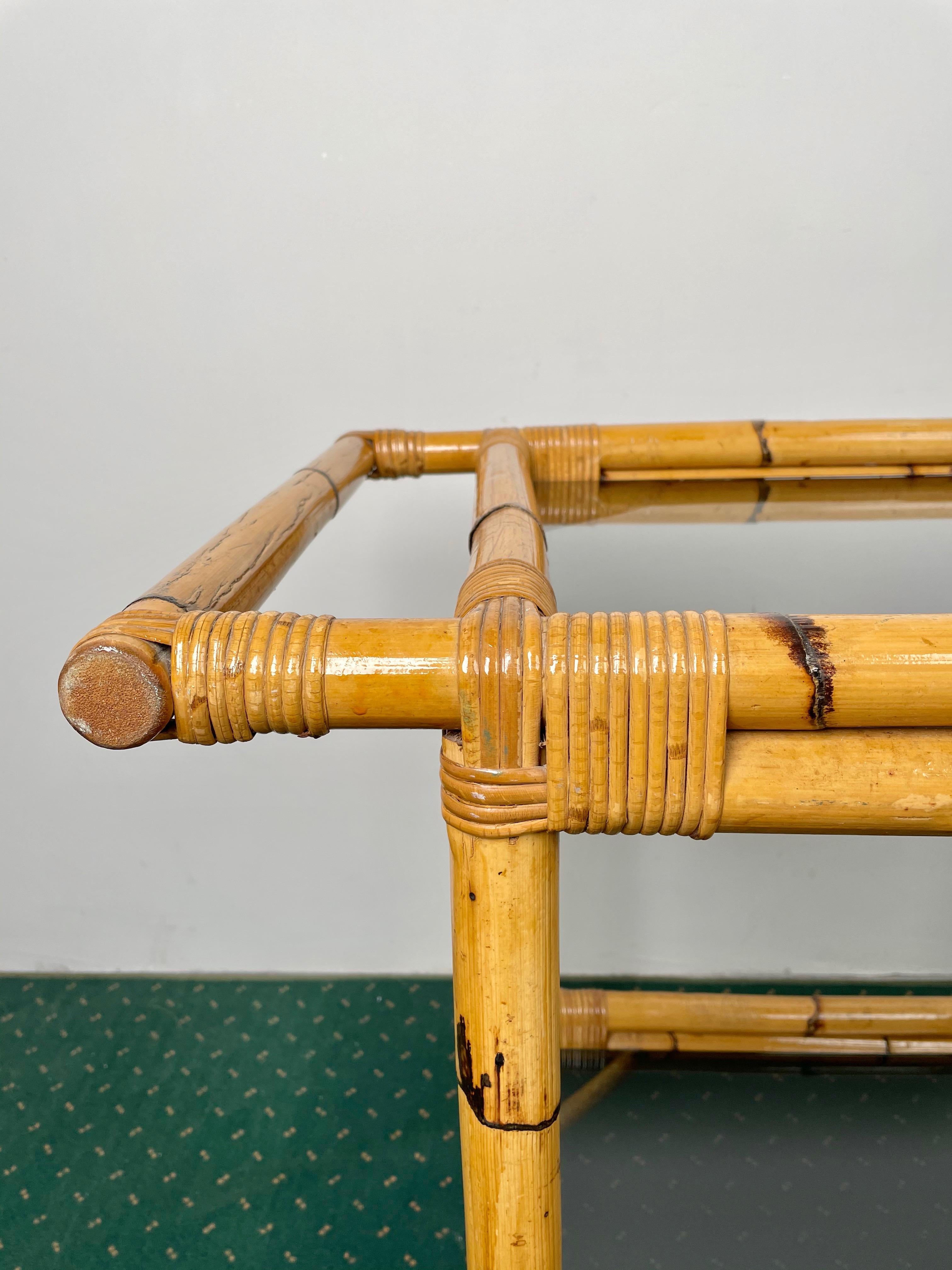 Bamboo Rattan and Smoked Glass Bar Serving Cart Trolley, Italy, 1960s For Sale 4