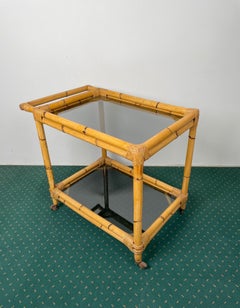 Bamboo Rattan and Smoked Glass Bar Serving Cart Trolley, Italy, 1960s