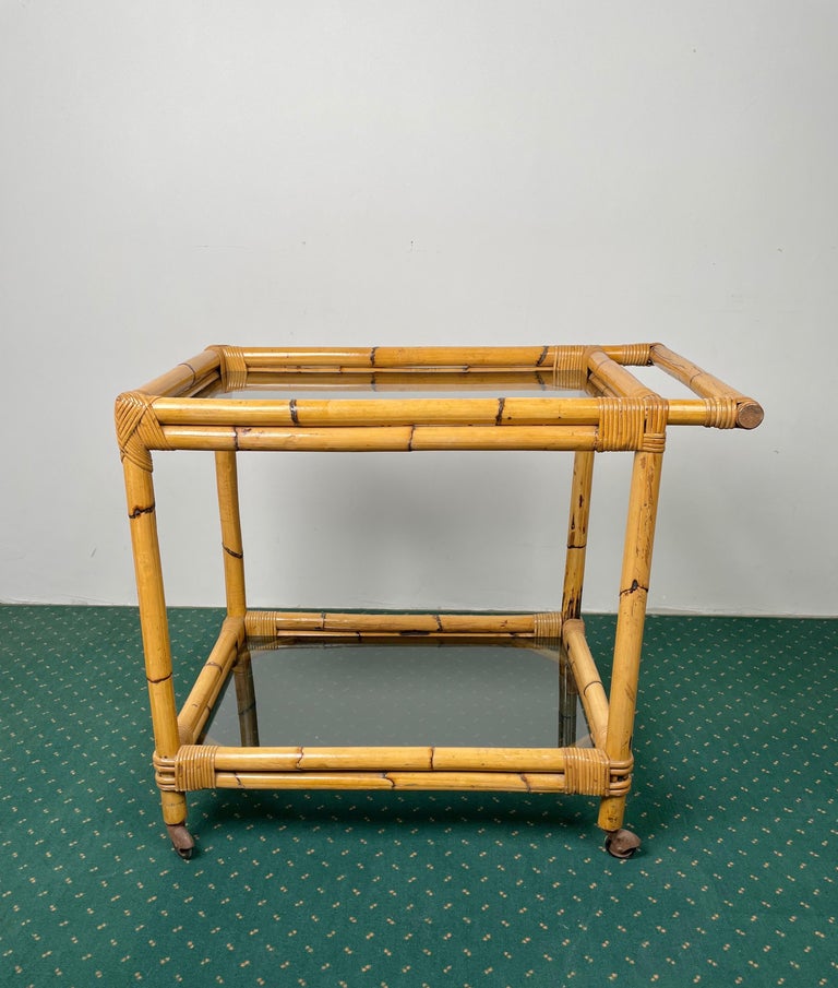Italian Bamboo Rattan and Smoked Glass Bar Serving Cart Trolley, Italy, 1960s For Sale