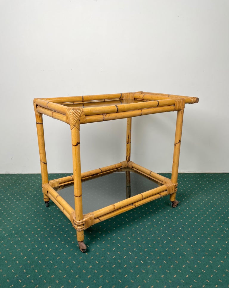 Metal Bamboo Rattan and Smoked Glass Bar Serving Cart Trolley, Italy, 1960s For Sale