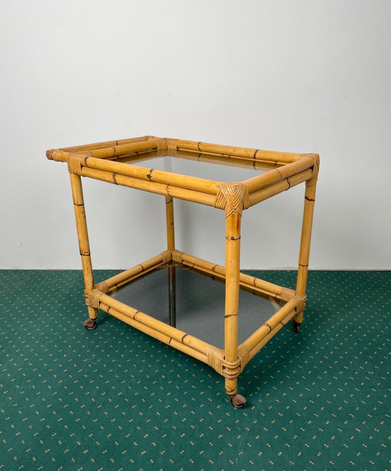 Bamboo Rattan and Smoked Glass Bar Serving Cart Trolley, Italy, 1960s For Sale 1
