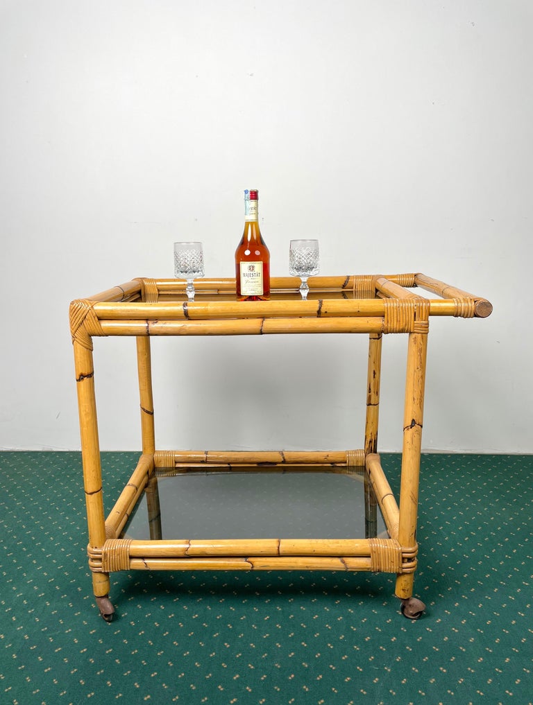 Bamboo Rattan and Smoked Glass Bar Serving Cart Trolley, Italy, 1960s For Sale 2