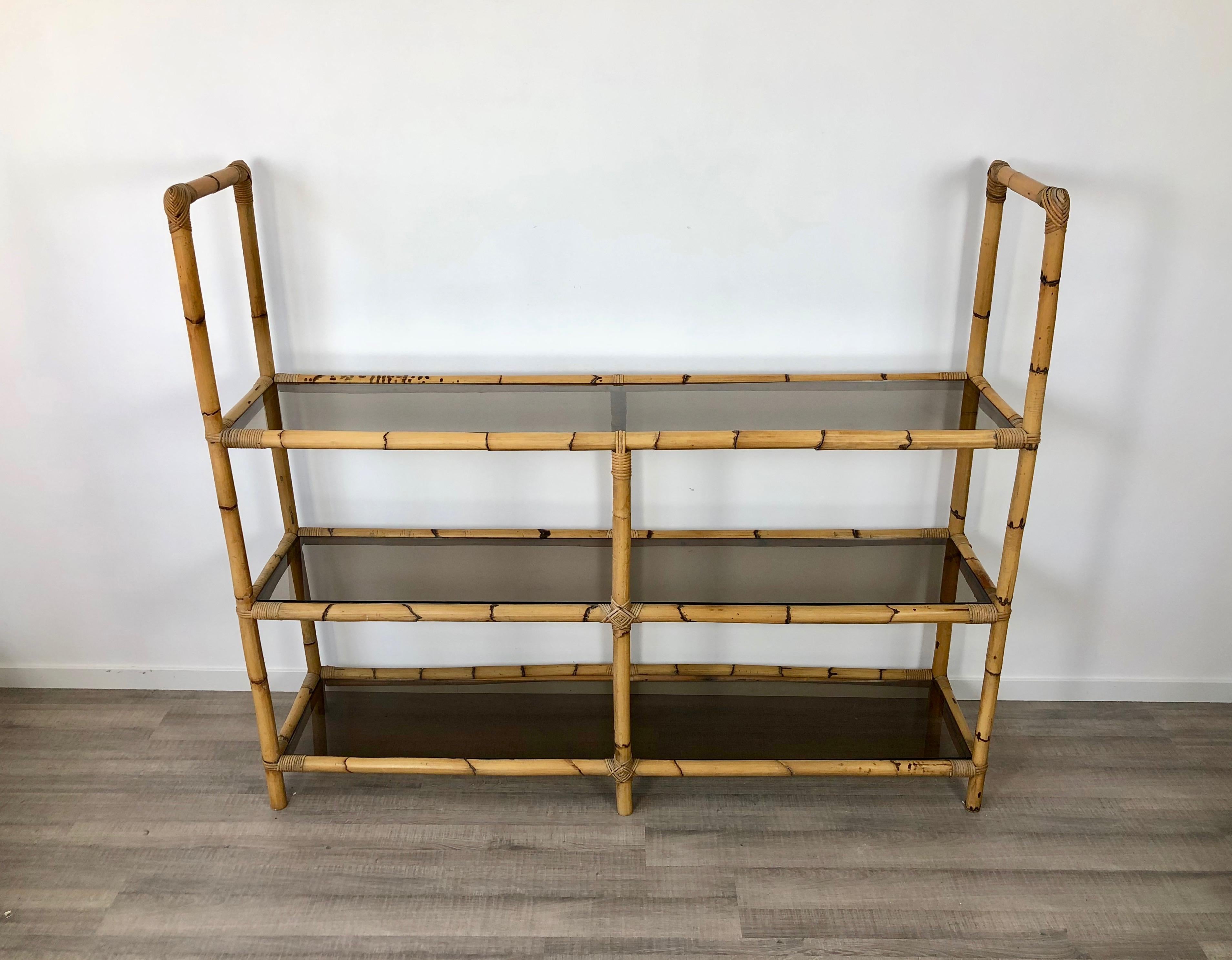 Bamboo Rattan and Smoked Glass Console Bookcase Étagère, Italy, 1960s For Sale 3