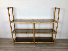 Bamboo Rattan and Smoked Glass Console Bookcase Étagère, Italy, 1960s