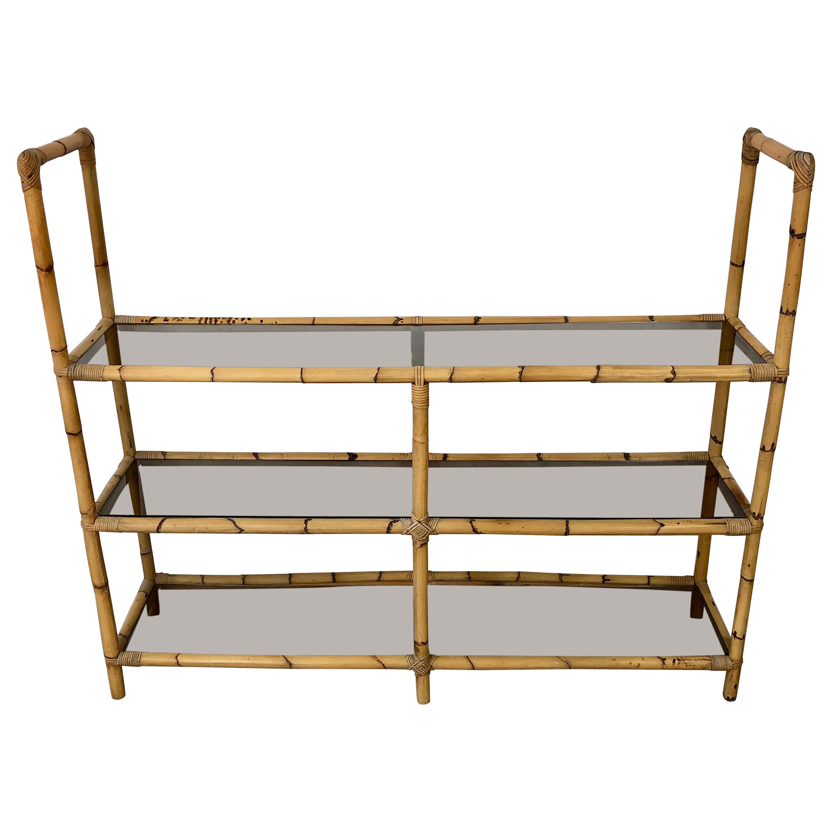 Bamboo Rattan and Smoked Glass Console Bookcase Étagère, Italy, 1960s For Sale