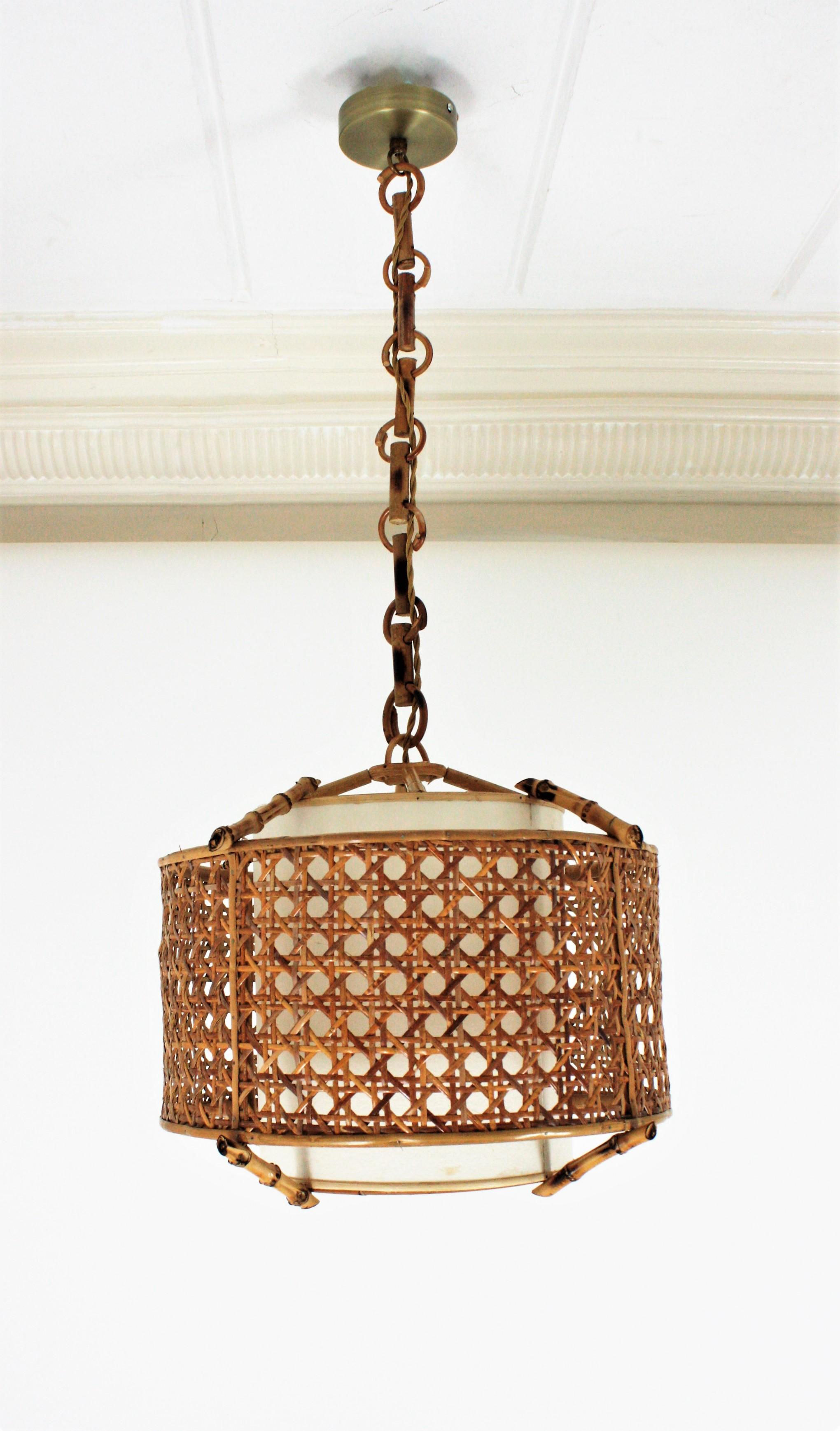 20th Century Bamboo Rattan and Wicker Weave Drum Pendant Lamp or Lantern with Tiki Accents