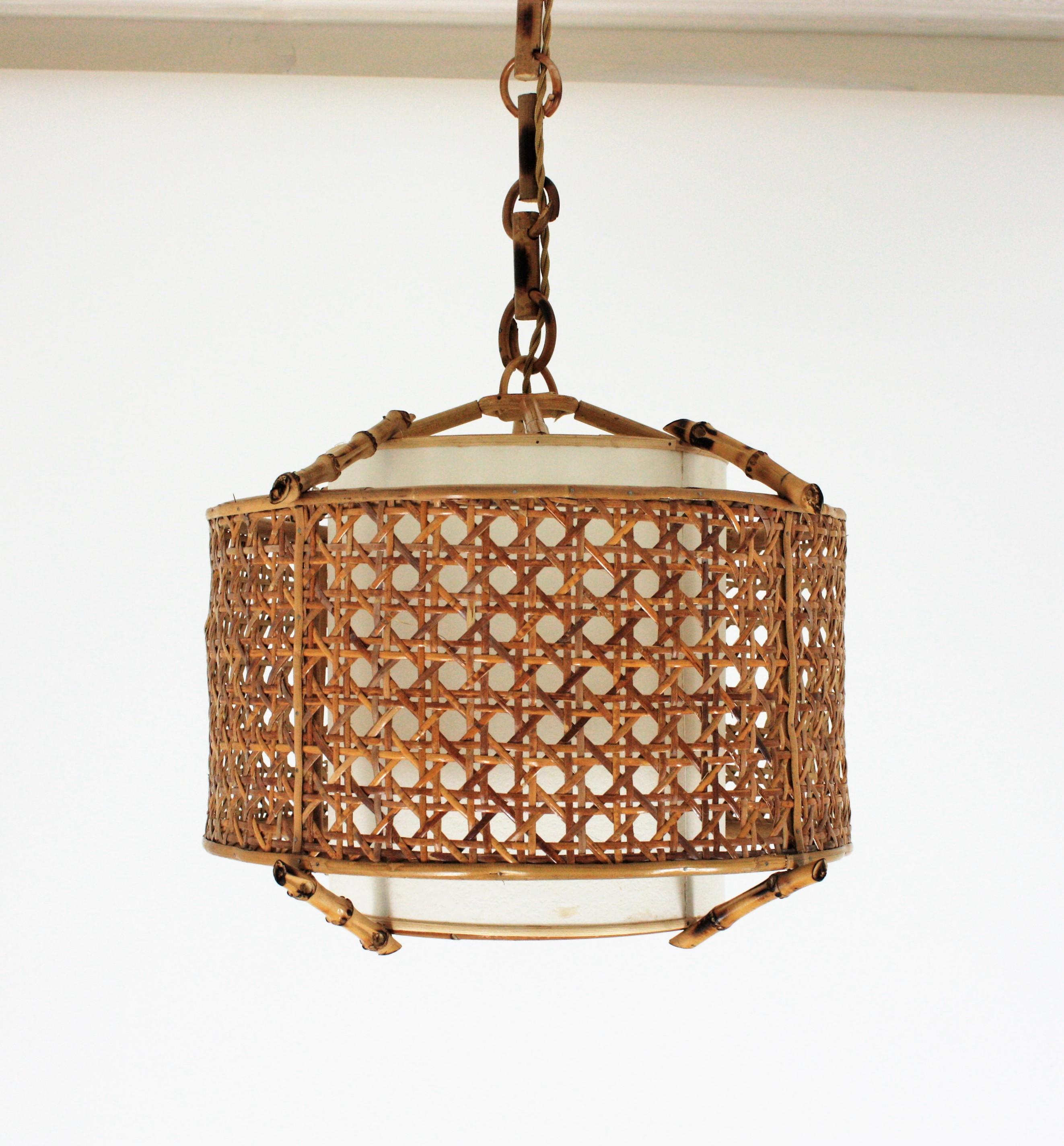 Bamboo Rattan and Wicker Weave Drum Pendant Lamp or Lantern with Tiki Accents 1