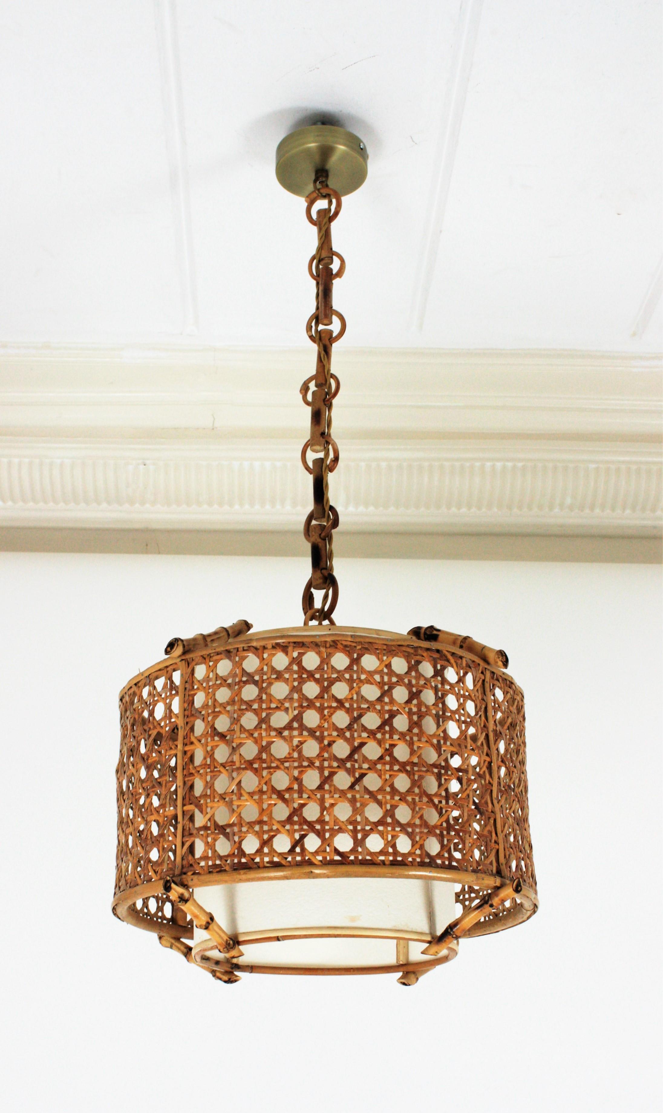 Bamboo Rattan and Wicker Weave Drum Pendant Lamp or Lantern with Tiki Accents 2