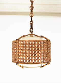 Bamboo Rattan and Wicker Weave Drum Pendant Lamp or Lantern with Tiki Accents