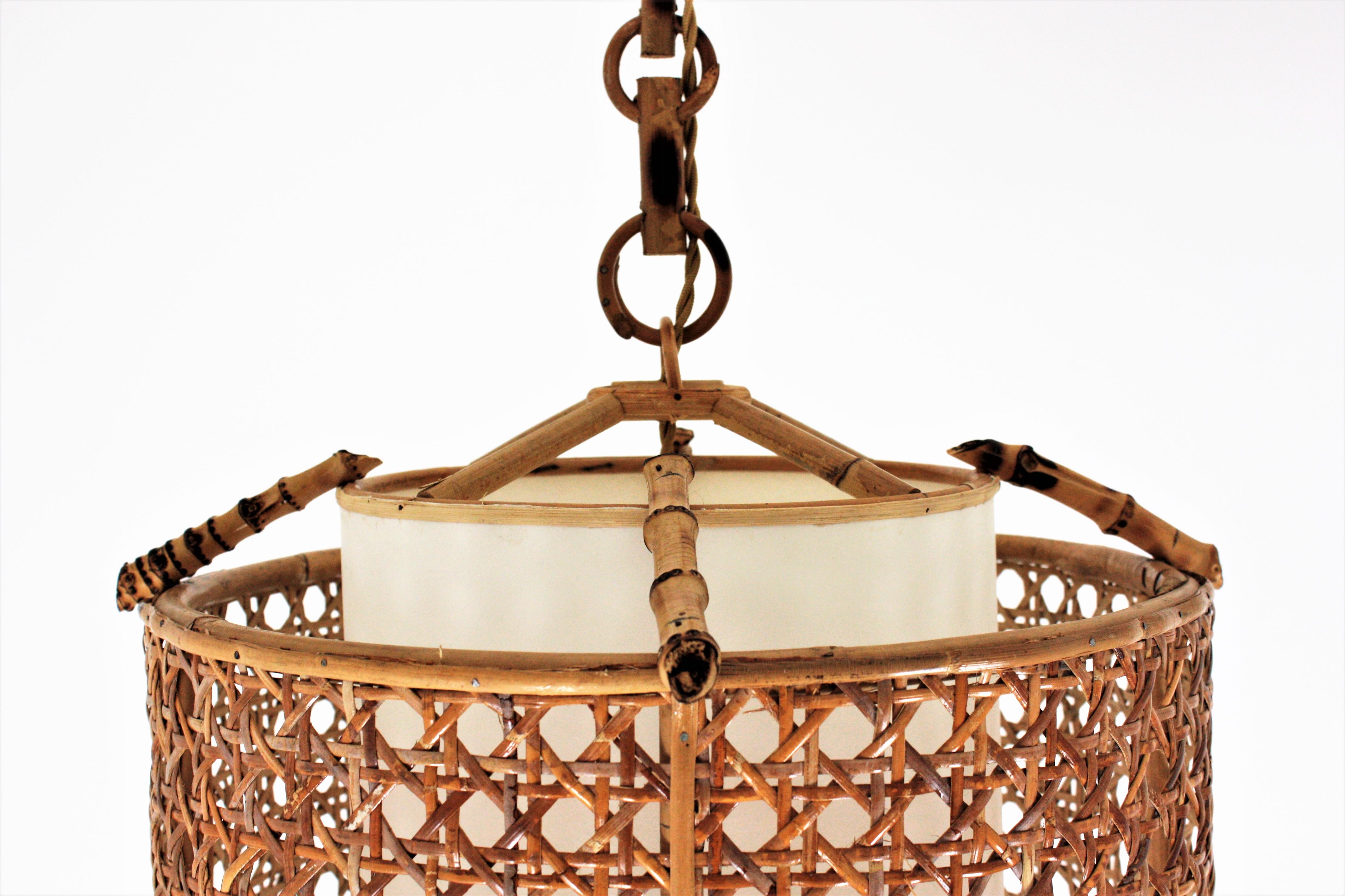 Mid-Century Modern Bamboo Rattan and Wicker Weave Drum Pendant Lamp or Lantern with Tiki Accents