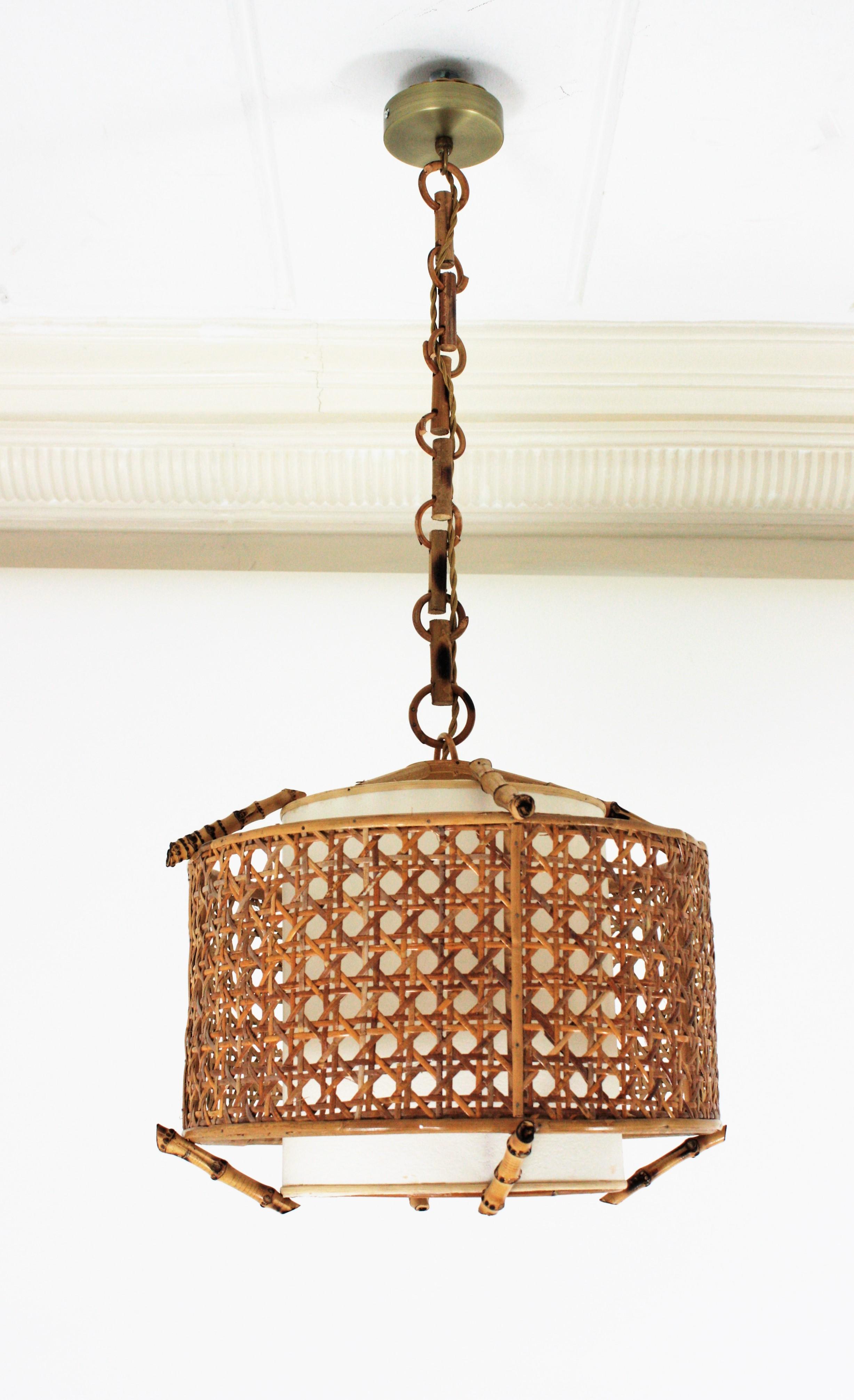 Hand-Crafted Bamboo Rattan and Wicker Weave Drum Pendant Lamp or Lantern with Tiki Accents