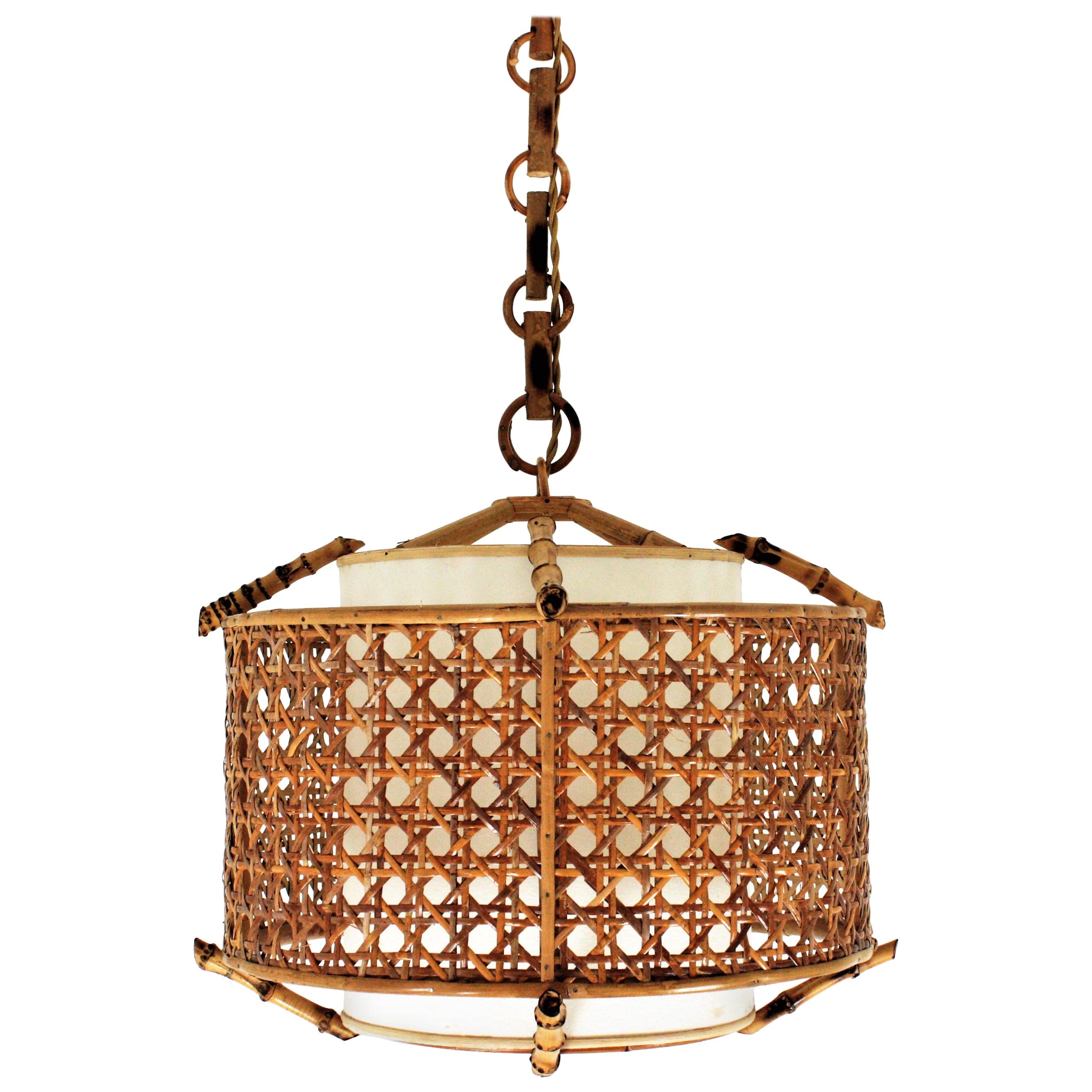 Bamboo Rattan and Wicker Weave Drum Pendant Lamp or Lantern with Tiki Accents