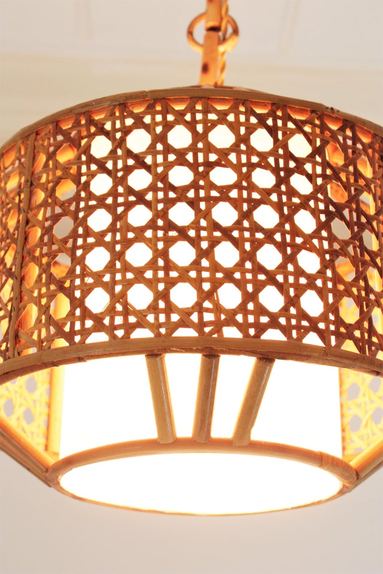 Bamboo Rattan and Wicker Weave Drum Pendant Light or Lantern For Sale