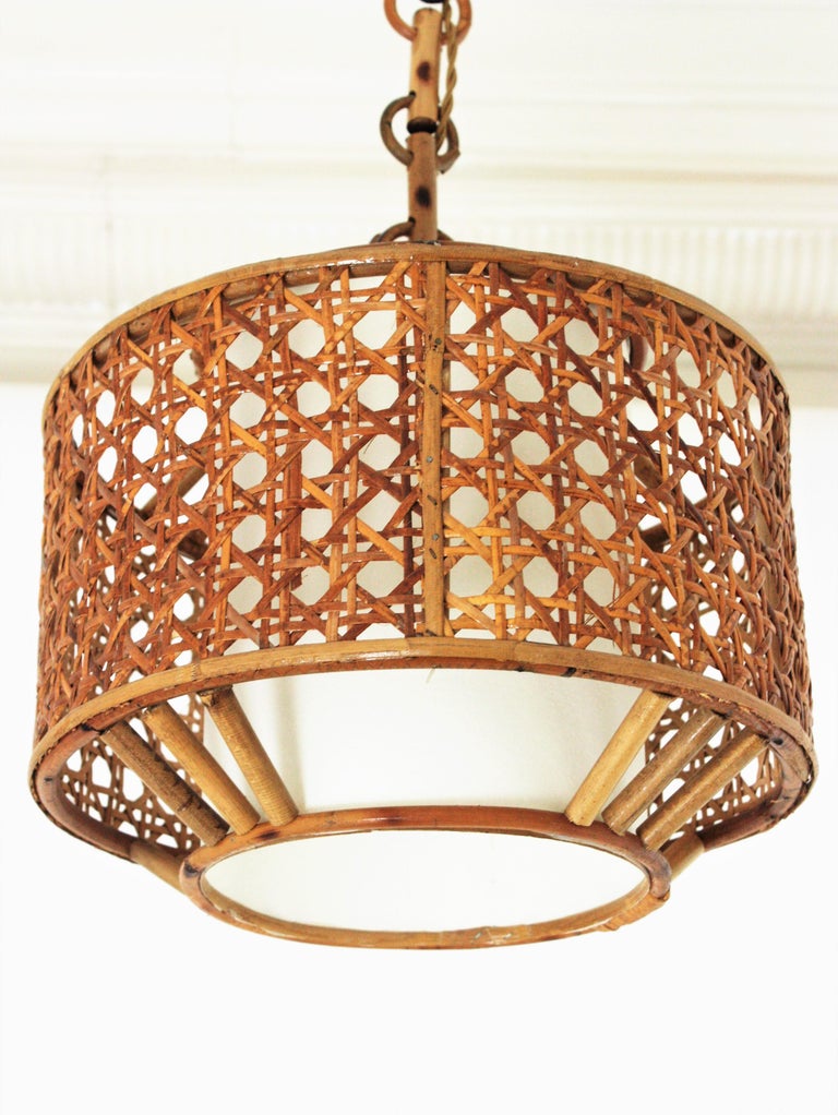 Bamboo Rattan and Wicker Weave Drum Pendant Light or Lantern For Sale