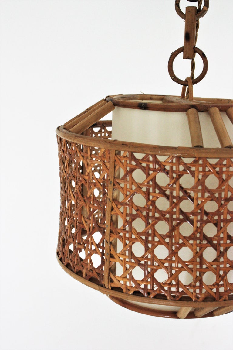 Bamboo Rattan and Wicker Weave Drum Pendant Light or Lantern For Sale