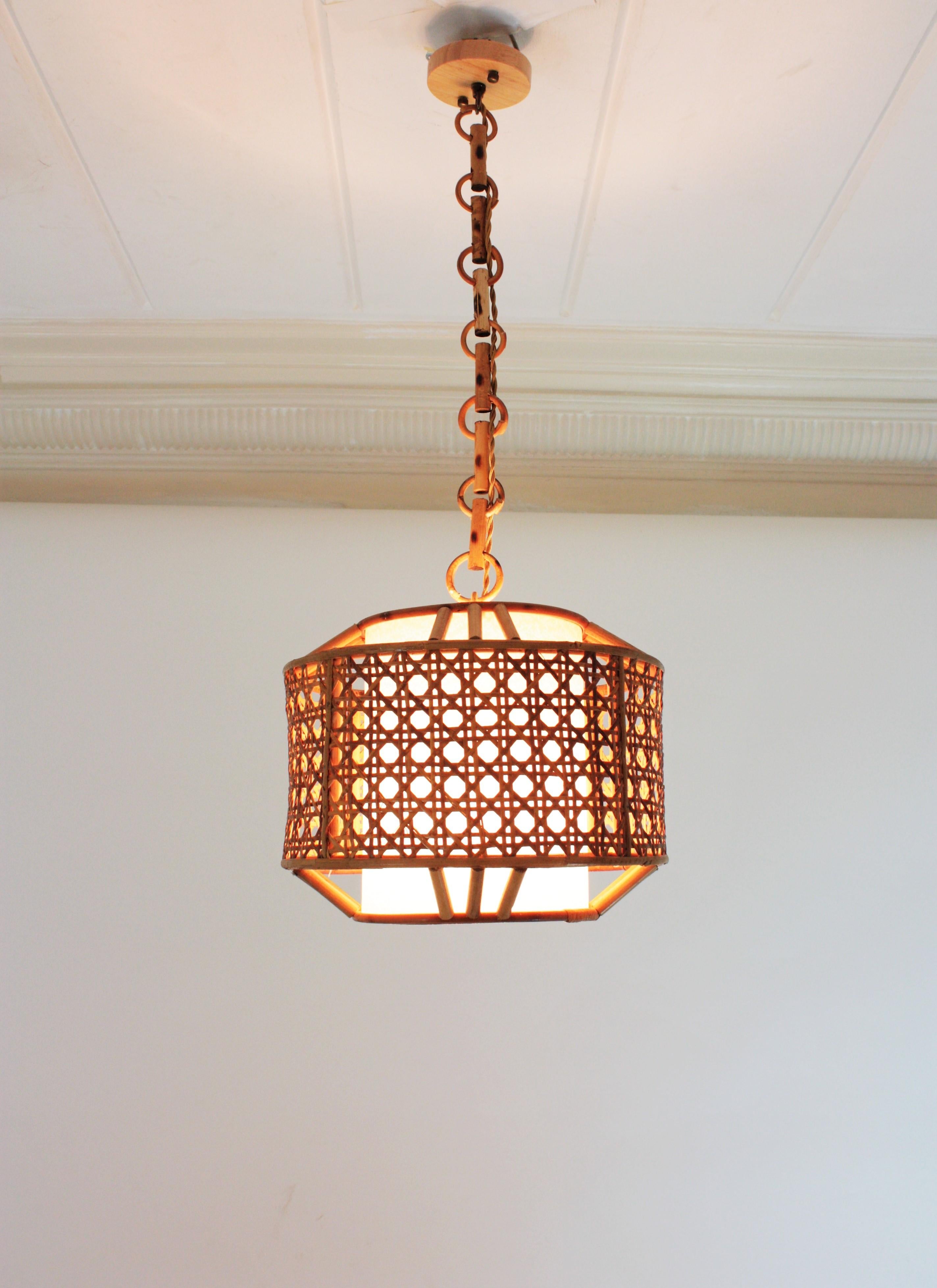 Mid-Century Modern Bamboo Rattan and Wicker Weave Drum Pendant Light or Lantern  For Sale