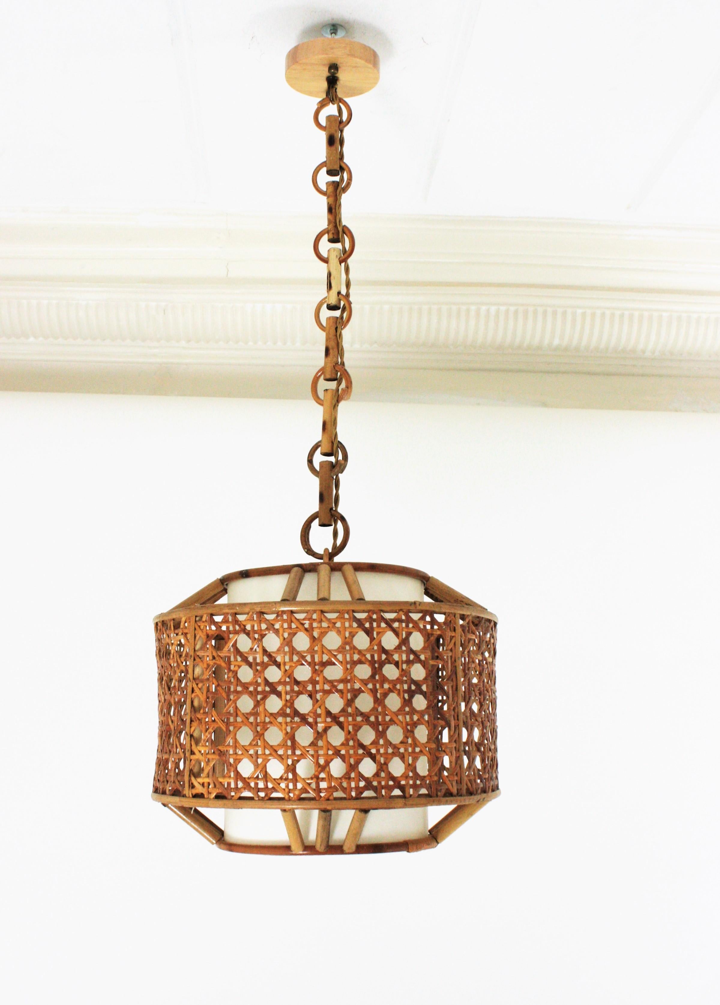 French Bamboo Rattan and Wicker Weave Drum Pendant Light or Lantern  For Sale