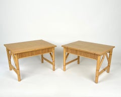 Bamboo, Rattan and Wood Pair of Side Coffee Tables, Italy 1980s