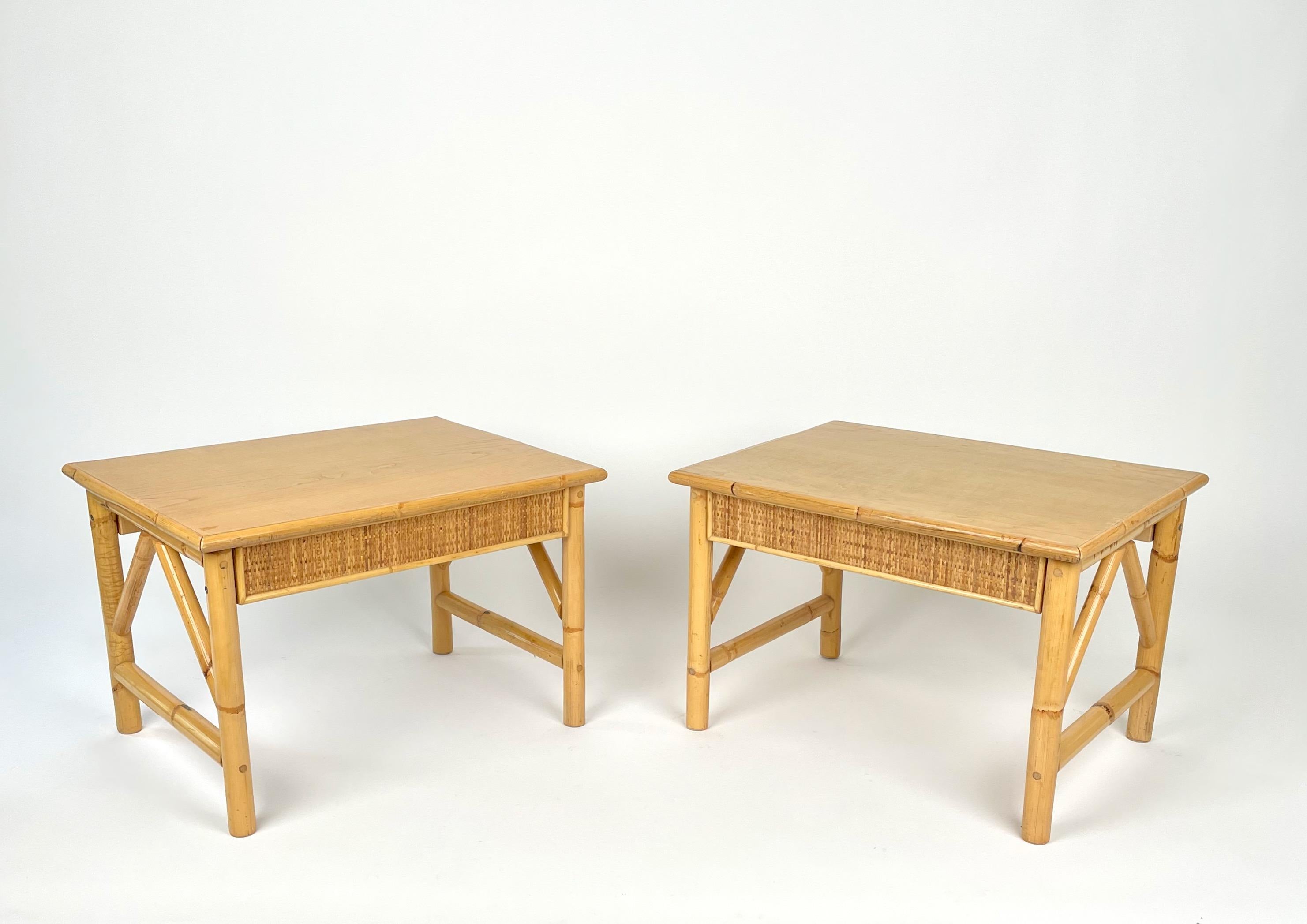 Mid-Century Modern Bamboo, Rattan and Wood Pair of Side Coffee Tables, Italy 1980s For Sale