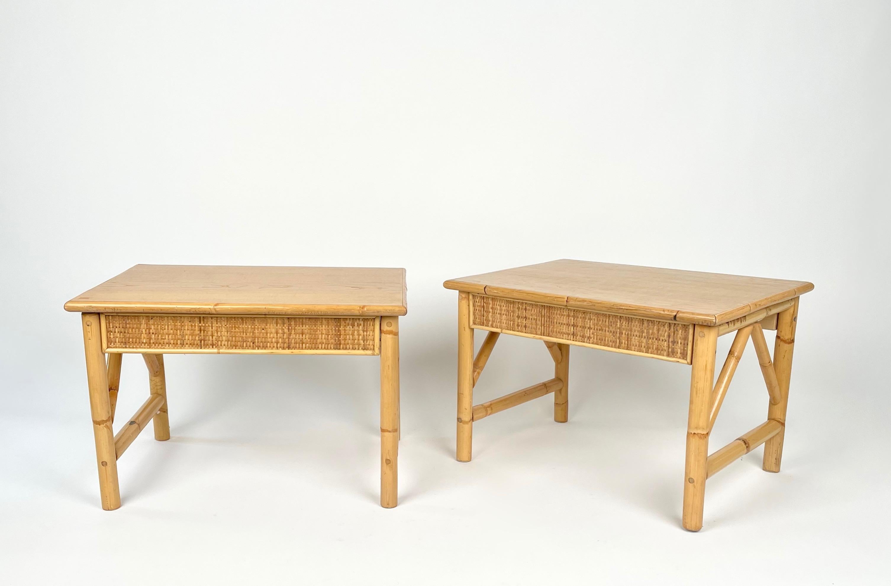 Italian Bamboo, Rattan and Wood Pair of Side Coffee Tables, Italy 1980s For Sale