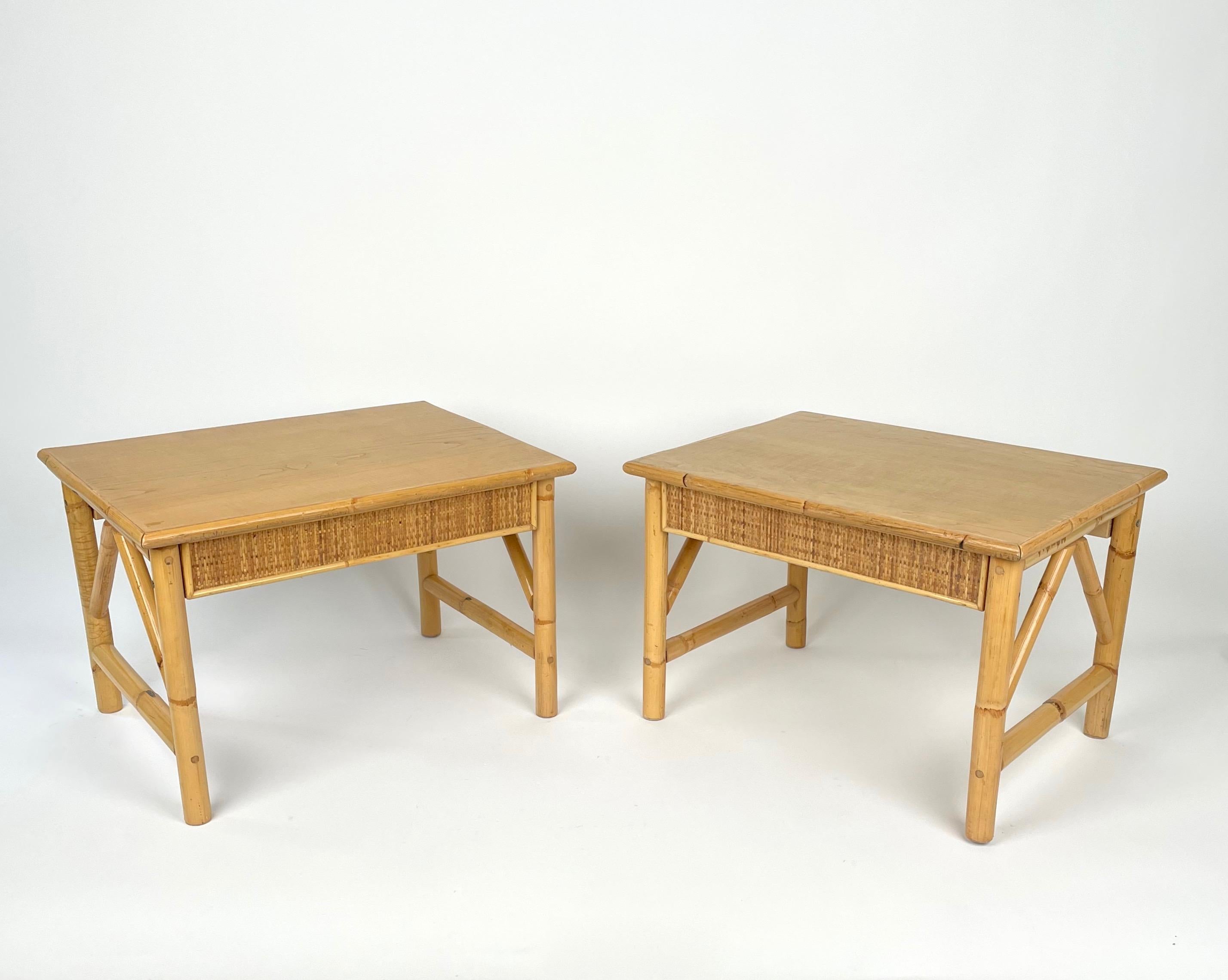 Late 20th Century Bamboo, Rattan and Wood Pair of Side Coffee Tables, Italy 1980s For Sale